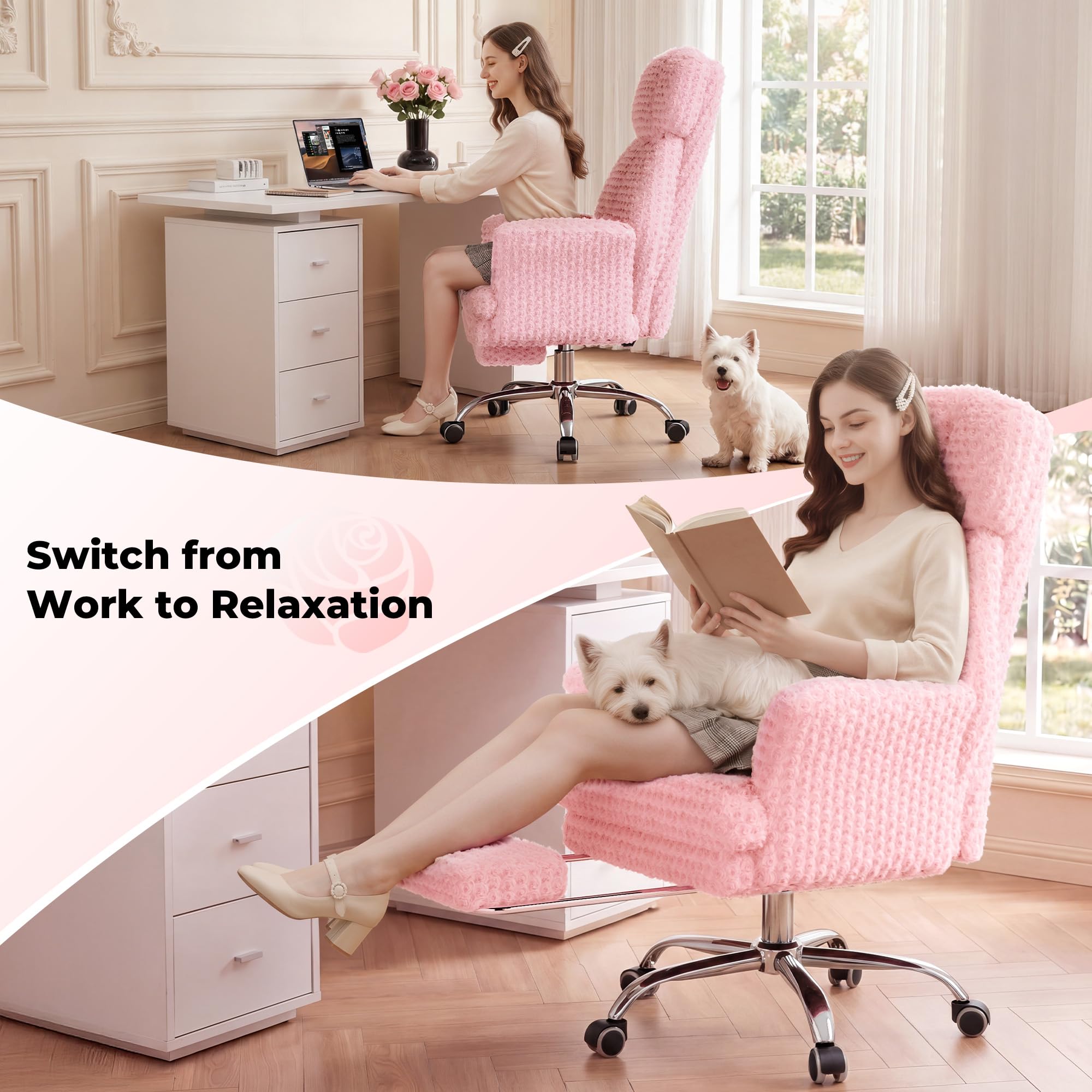 Big and Tall Office Chair, Flip Armrests for Pets & Cross Legged Sitting, Executive Ergonomic Computer Gaming Chair with Foot Rest, Teddy Fleece Wide Seat Reclining Desk Chair, White Vanity Chair Gronata