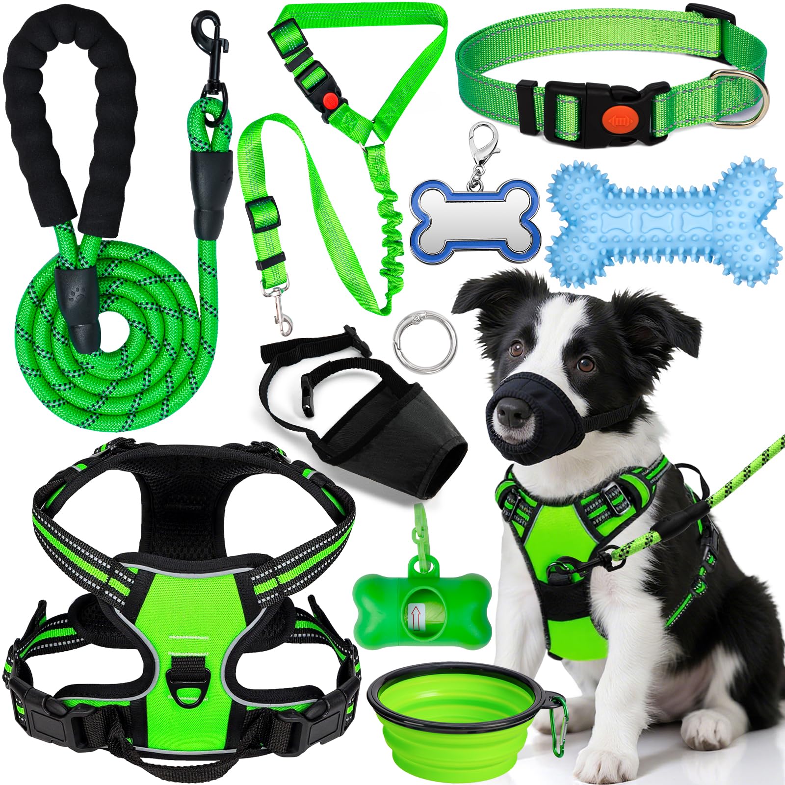 YXFDOYT No Pull Dog Harness Adjustable Collar & Leash Set - Dog Halter Harnesses Collapsible Bowls & Poop Bag Dispenser Muzzle ID Tags Toys Fits Small Medium Large Dogs (Pink-L) Gronata