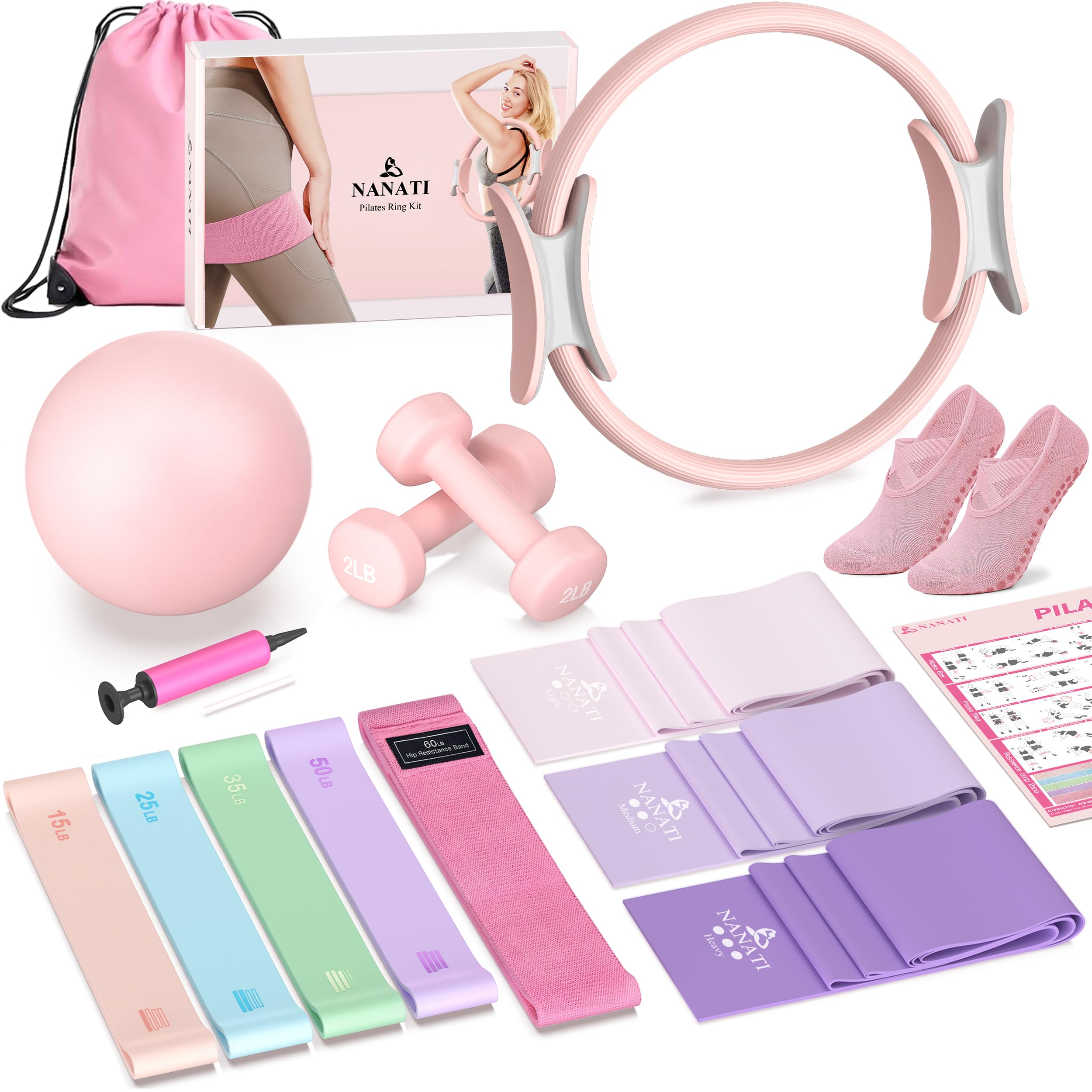 NANATI Pilates Kit 19PCS,Pilates Essentials Kit for Women,Pilates Equipment with 14.5" Pilates Ring and Ball,8 Resistance Bands,Ankle Weights,Sliders & Grip Socks Accessories for Starter Home Workouts Gronata
