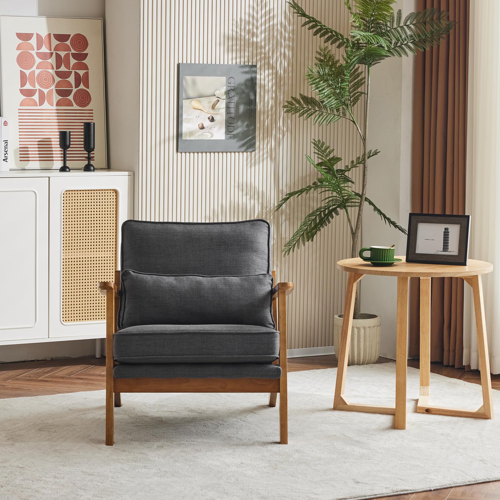 Karl home Accent Chair Wide Armrest Mid-Century Lounge Chair Linen Fabric Armchair with Lumbar Pillow & Solid Wood Frame for Living Room, Bedroom, Balcony, Green Gronata