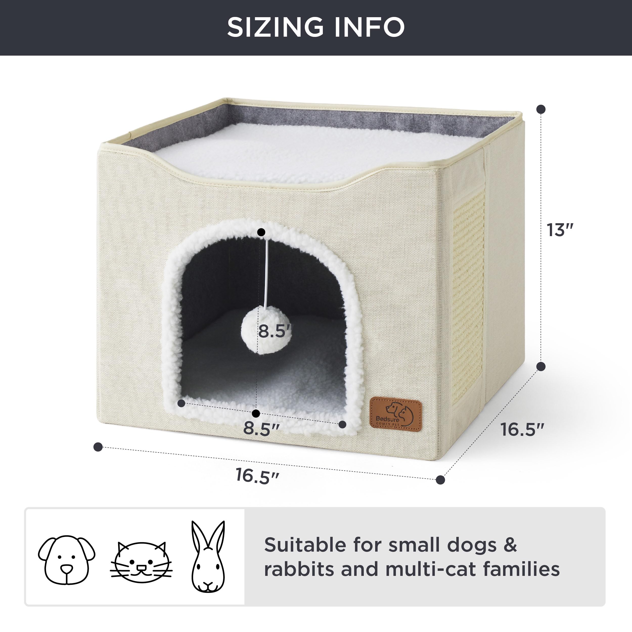 Bedsure Cat Beds for Indoor Cats - Large Cat Cave for Pet Cat House with Fluffy Ball Hanging and Scratch Pad, Foldable Cat Hideaway, 16.5x16.5x13 inches, Grey Gronata