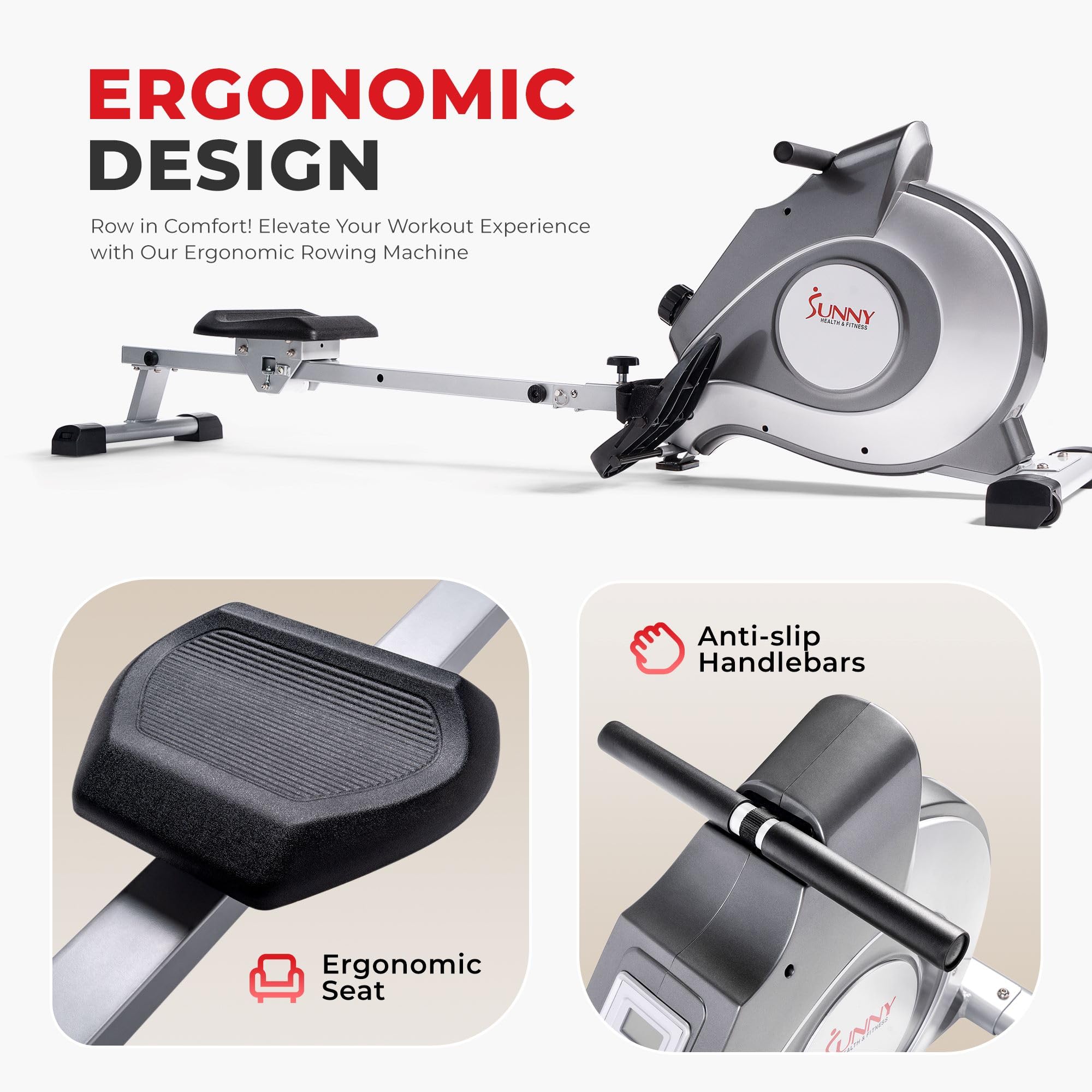 Sunny Health & Fitness Flip & Foldable Rowing Machine for Home w/Extended Slide Rail, Full-Body Workout, Low-Impact, Optional Extra Long Rail, Quiet Rail Cover, Water Motion and Free SunnyFit App Gronata