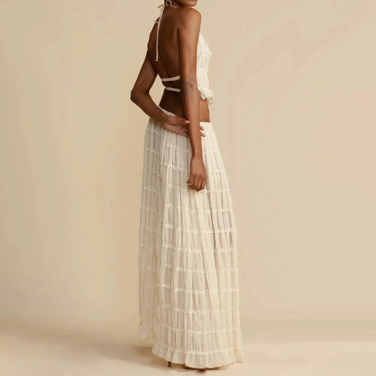 2pcs Women's Dress Suit Sexy Sleeveless Backless Cropped Halter Top And Pleated Long Skirt Beach Clothing Gronata