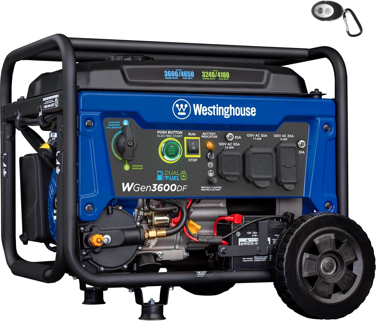 Westinghouse 4650 Peak Watt Dual Fuel Portable Generator, Remote Electric Start with Auto Choke, RV Ready 30A Outlet, Gas & Propane Powered Gronata