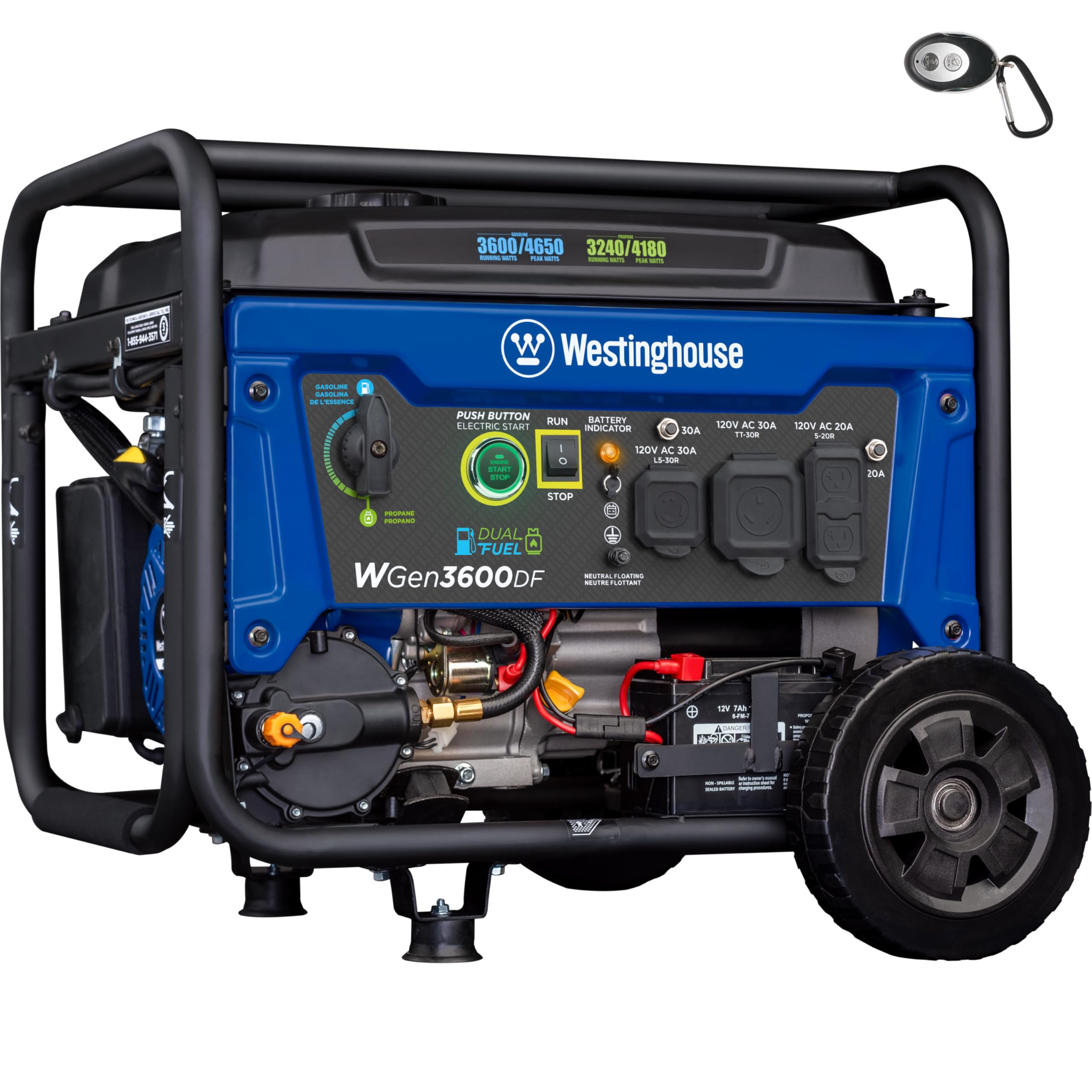 Westinghouse 4650 Peak Watt Dual Fuel Portable Generator, Remote Electric Start with Auto Choke, RV Ready 30A Outlet, Gas & Propane Powered, CO Sensor Gronata