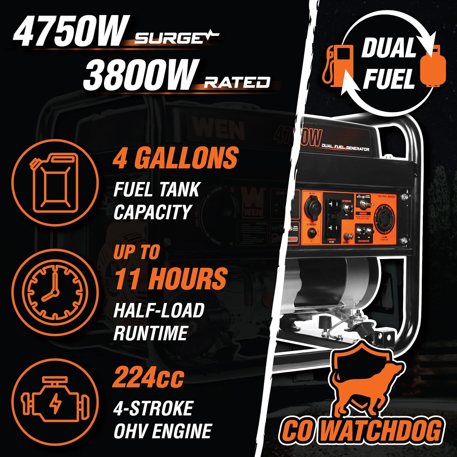 WEN DF472X 4750-Watt 120-Volt/240-Volt Dual Fuel Portable Generator with CO Shutdown Sensor Gronata