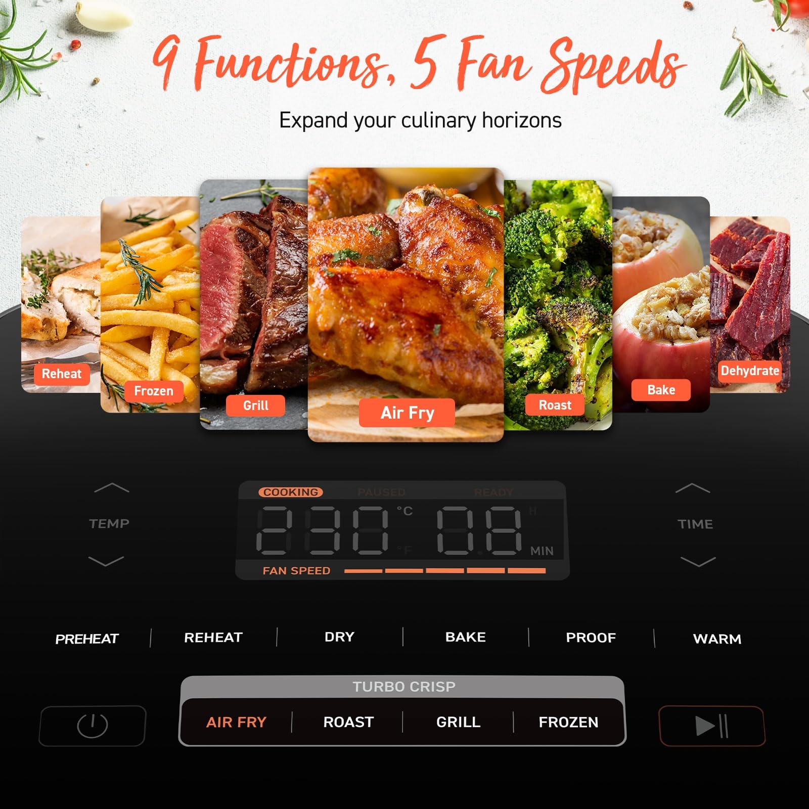Cosori 9-in-1 TurboBlaze Air Fryer 6 Qt, PFAS-Free Ceramic Coating, 90°–450°F, Precise Heating for Even Results, Air Fry, Roast, Bake, Broil, Dry, Frozen, Proof, Reheat, Keep Warm, 120V, Dark Gray Gronata