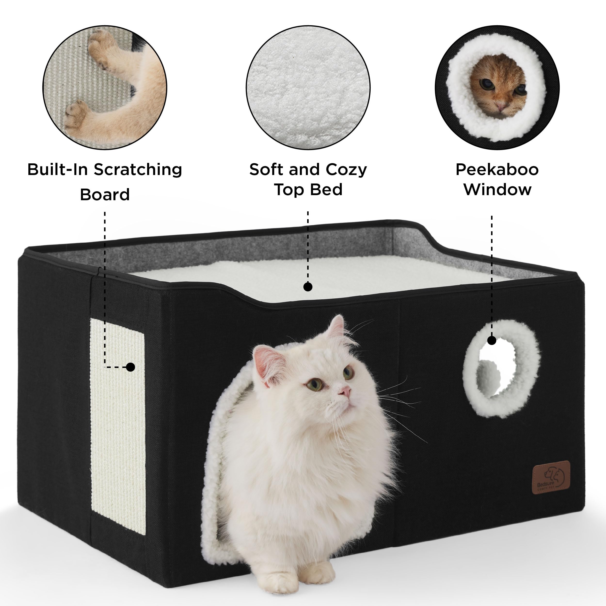 Bedsure Cat Beds for Indoor Cats - Large Cat Cave for Pet Cat House with Fluffy Ball Hanging and Scratch Pad, Foldable Cat Hideaway, 16.5x16.5x13 inches, Grey Gronata