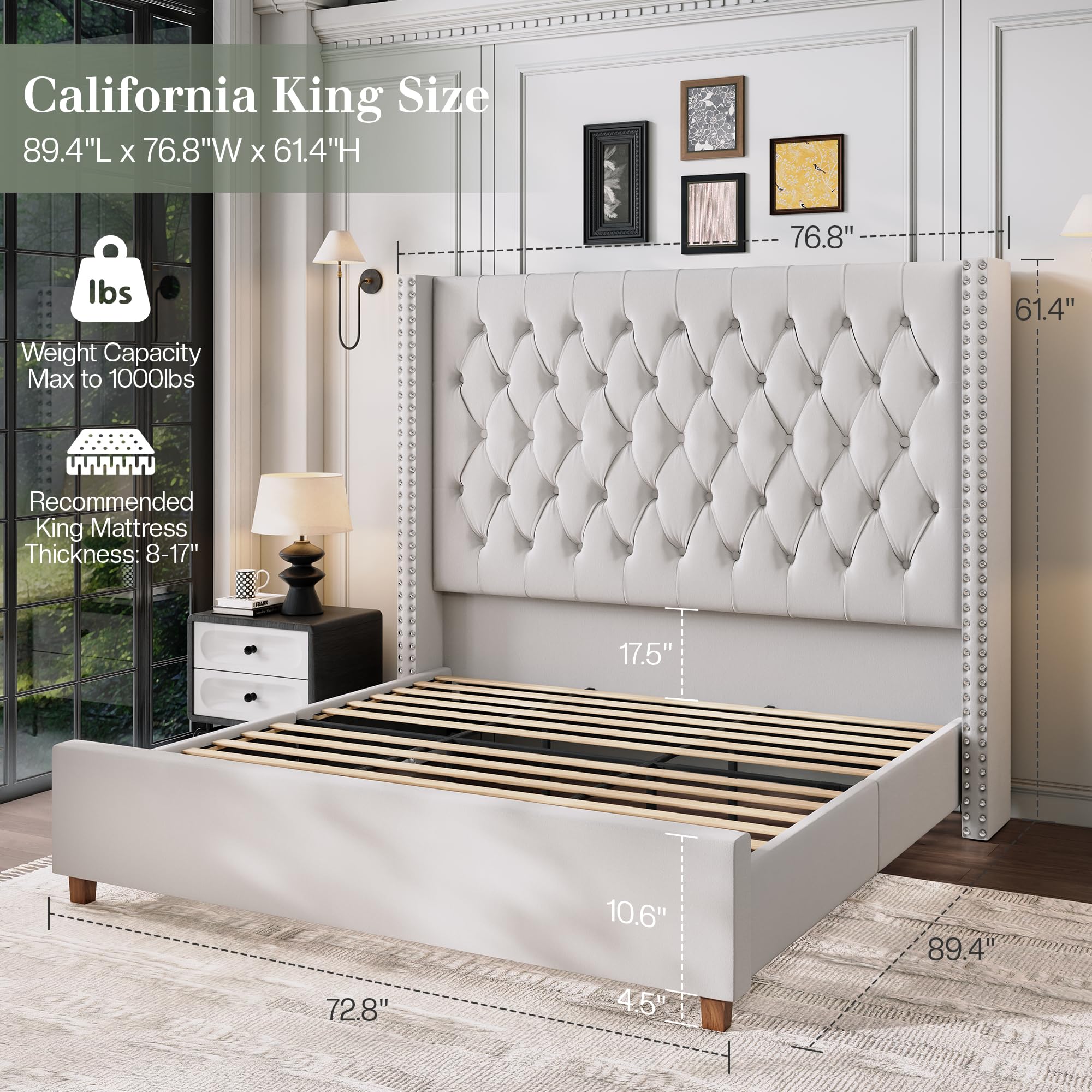 Jocisland Queen Size Bed Frame 61.4" Extra Tall Wingback Headboard Velvet Upholstered Deep Button Tufted Platform Bed with Solid Wood Legs & Wood Slats, No Box Spring Needed, Black Gronata