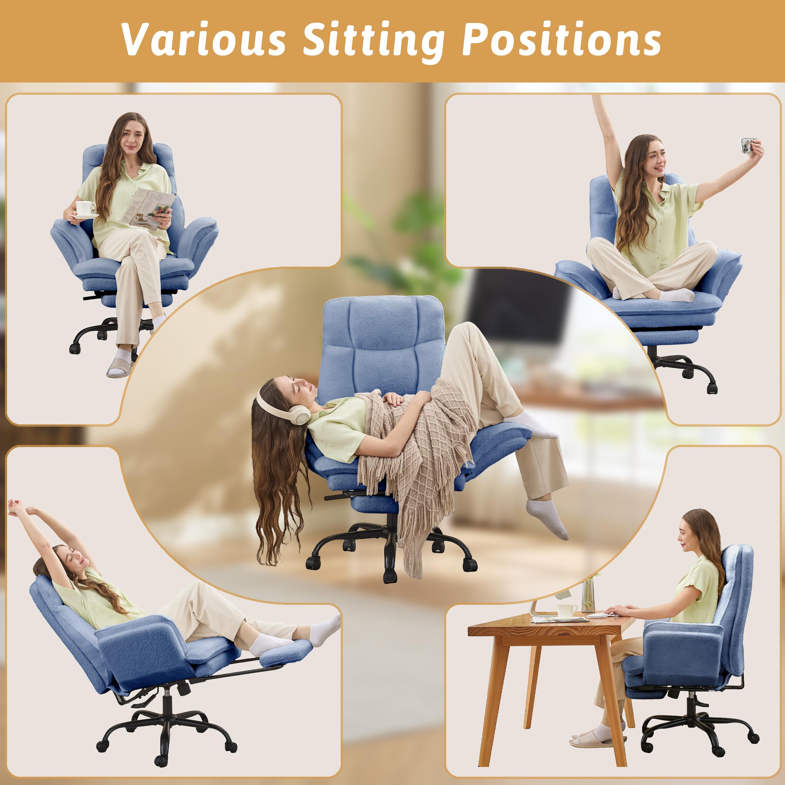 Office Chair,Big and Tall Heavy-Duty Executive Reclining Computer Gaming Chair with Footrest,Flip Armrests,Lumbar Pillow&Thicken Wider Seat for Criss Cross Legged Desk Vanity Chair,Teddy Fabric White Gronata