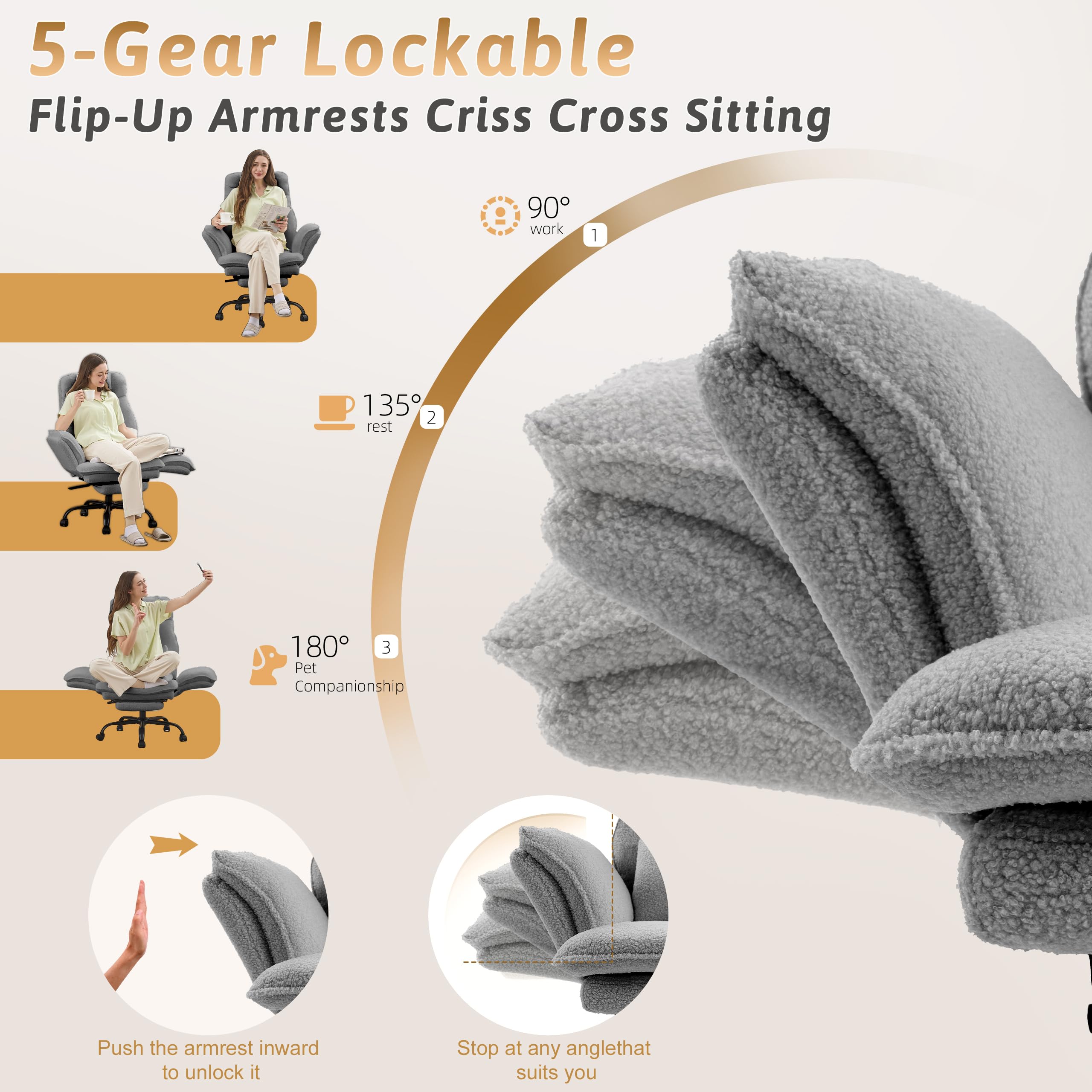 Office Chair,Big and Tall Heavy-Duty Executive Reclining Computer Gaming Chair with Footrest,Flip Armrests,Lumbar Pillow&Thicken Wider Seat for Criss Cross Legged Desk Vanity Chair,Teddy Fabric White Gronata
