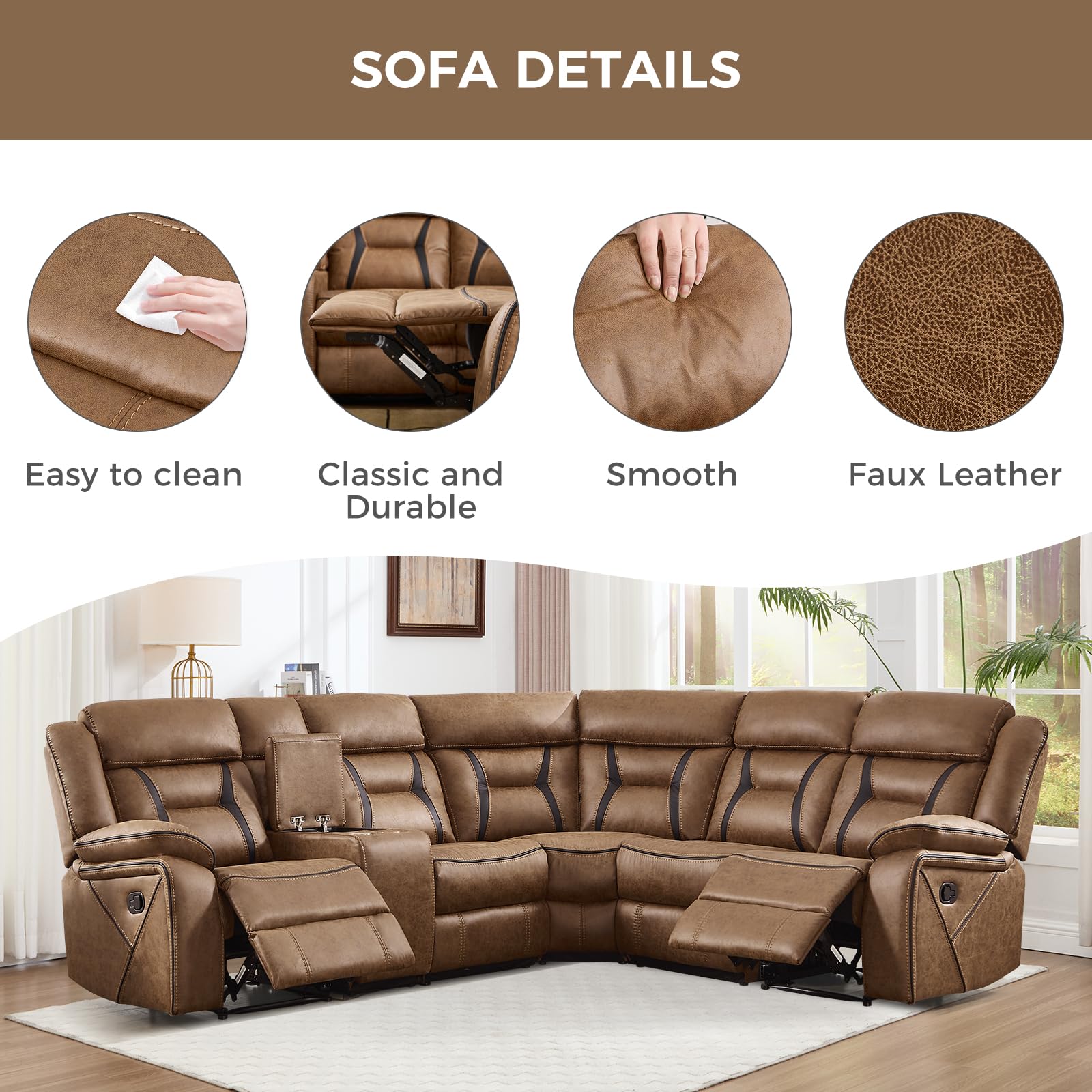 EBELLO Faux Leather Recliner Sofa Furniture Set for Living Room, 2 Recliner Chairs, 3 Seat Reclining Sofa Couch Set for Meeting Room, Brown Gronata