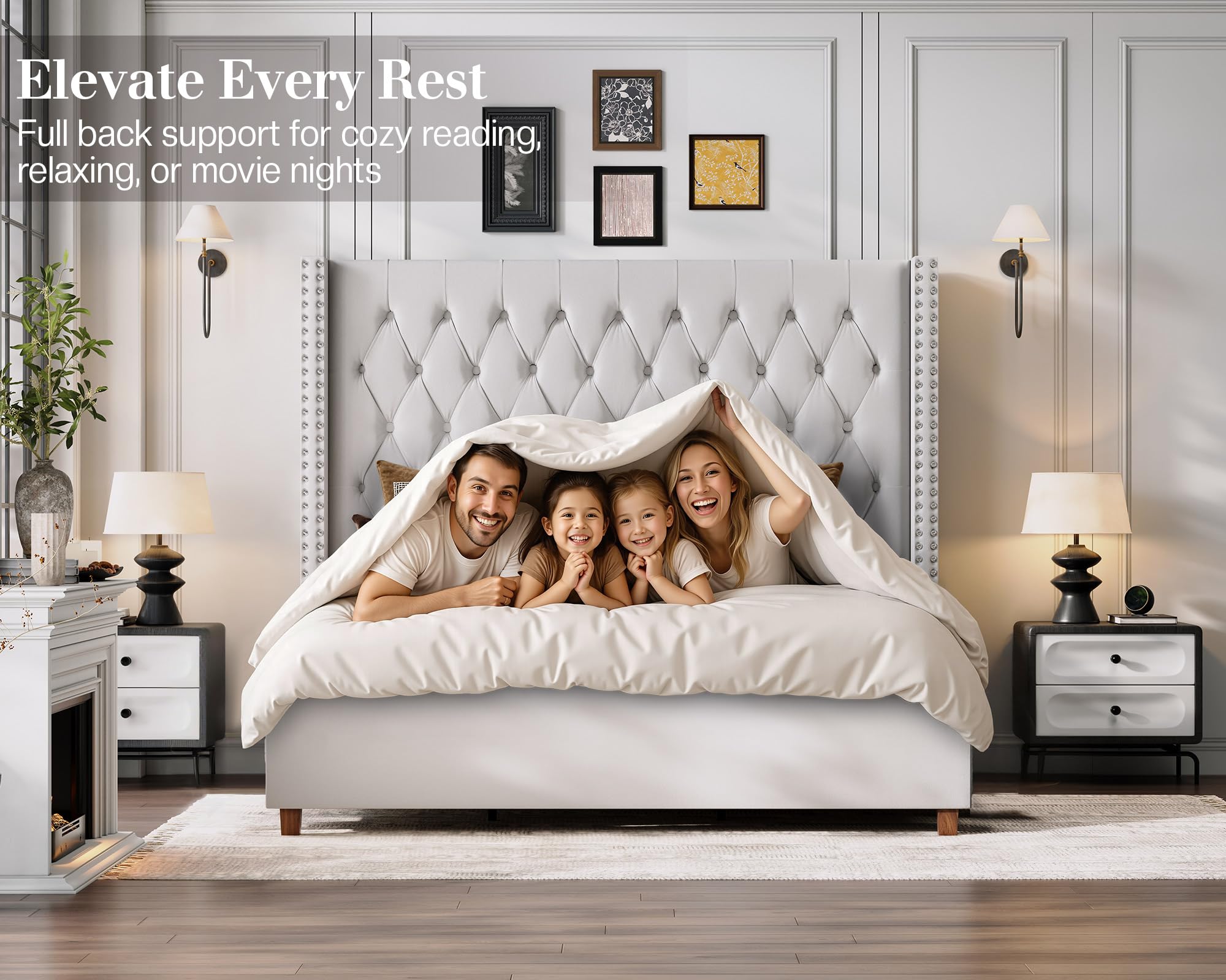 Jocisland Queen Size Bed Frame 61.4" Extra Tall Wingback Headboard Velvet Upholstered Deep Button Tufted Platform Bed with Solid Wood Legs & Wood Slats, No Box Spring Needed, Black Gronata