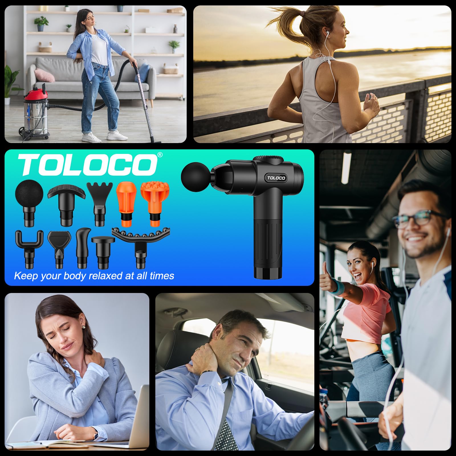 TOLOCO Massage Gun, Deep Tissue Back Massage for Athletes for Pain Relief, Percussion Massager with 10 Massages Heads & Silent Brushless Motor, Fathers Day Dad Gifts, Black Gronata
