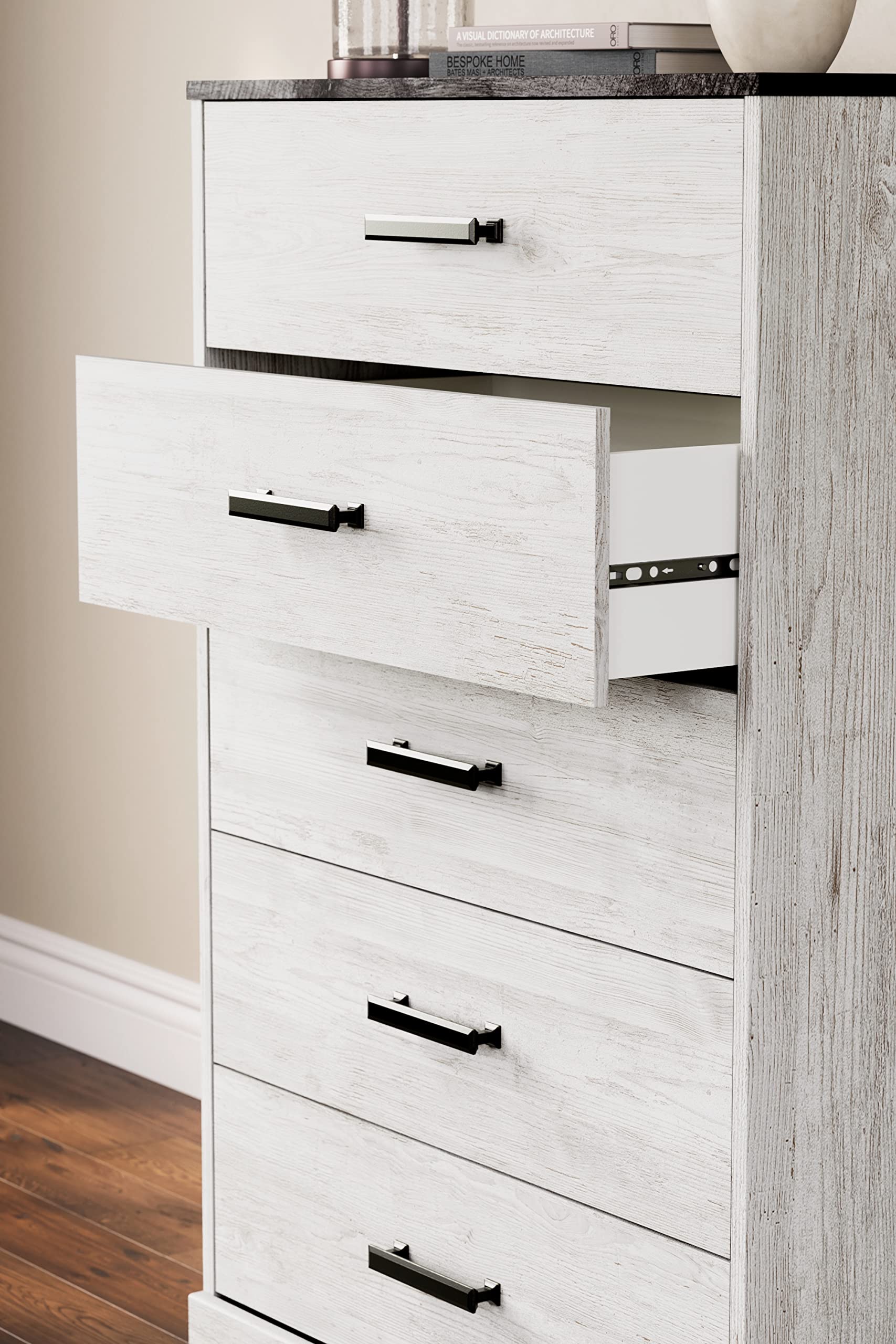 Signature Design by Ashley Shawburn Rustic 5 Drawer Chest of Smooth-Gliding Drawers and Safety Stop, White & Gray Gronata