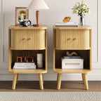 Decofy Fluted Nightstand Set of 2, Mid Century Modern Bedside Table with Charging Station, Walnut End Tables with Sliding Tambour Doors, Storage Cabinet and Open Shelf for Bedroom, Walnut Gronata