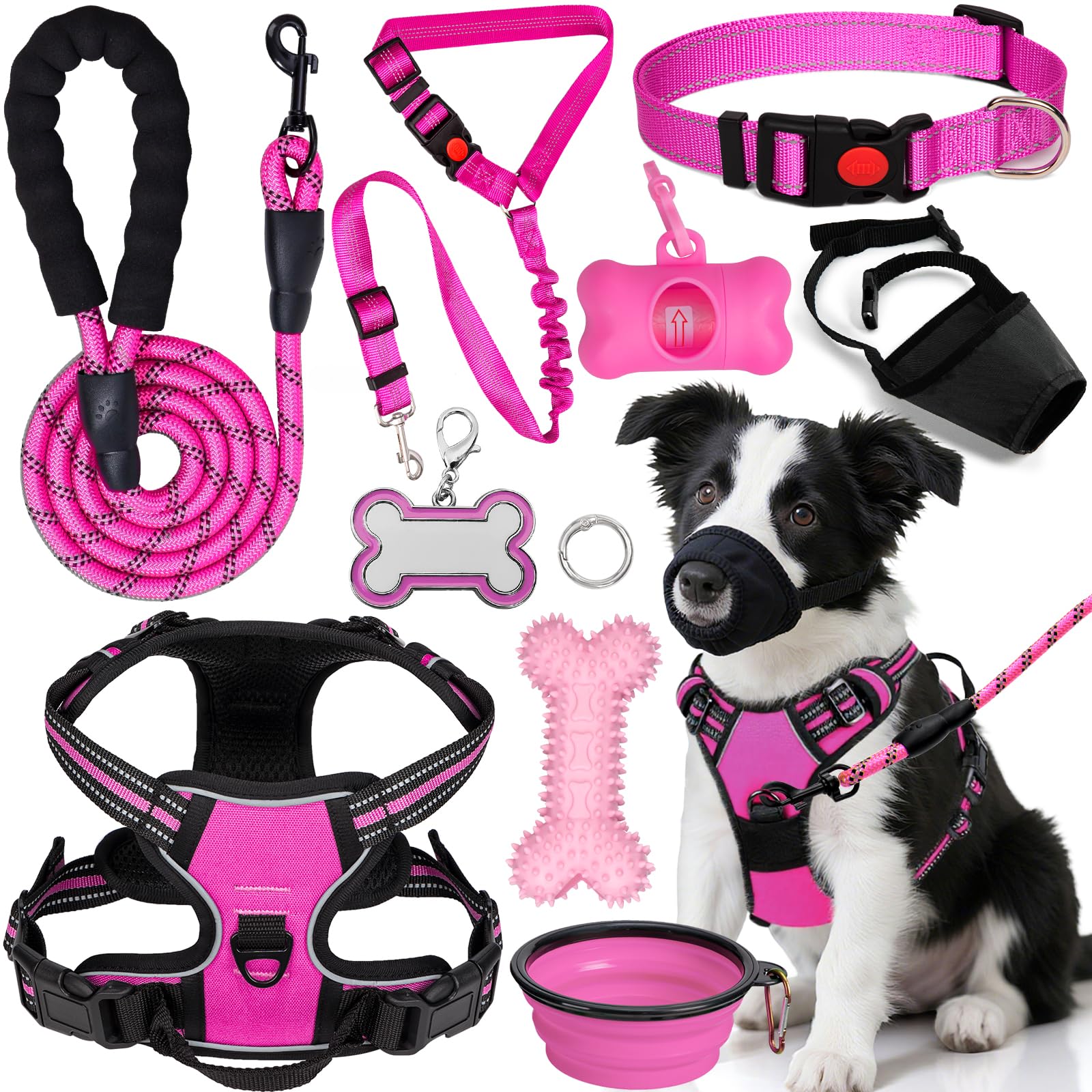 YXFDOYT No Pull Dog Harness Adjustable Collar & Leash Set - Dog Halter Harnesses Collapsible Bowls & Poop Bag Dispenser Muzzle ID Tags Toys Fits Small Medium Large Dogs (Pink-L) Gronata