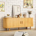 OneBlis 70" Mid Century Modern TV Stand, Wood TV Consoles with Sliding Doors and Power Outlet, Entertainment Center with Adjustable Shelves, Fluted TV Stands for Living Room, Walnut Gronata