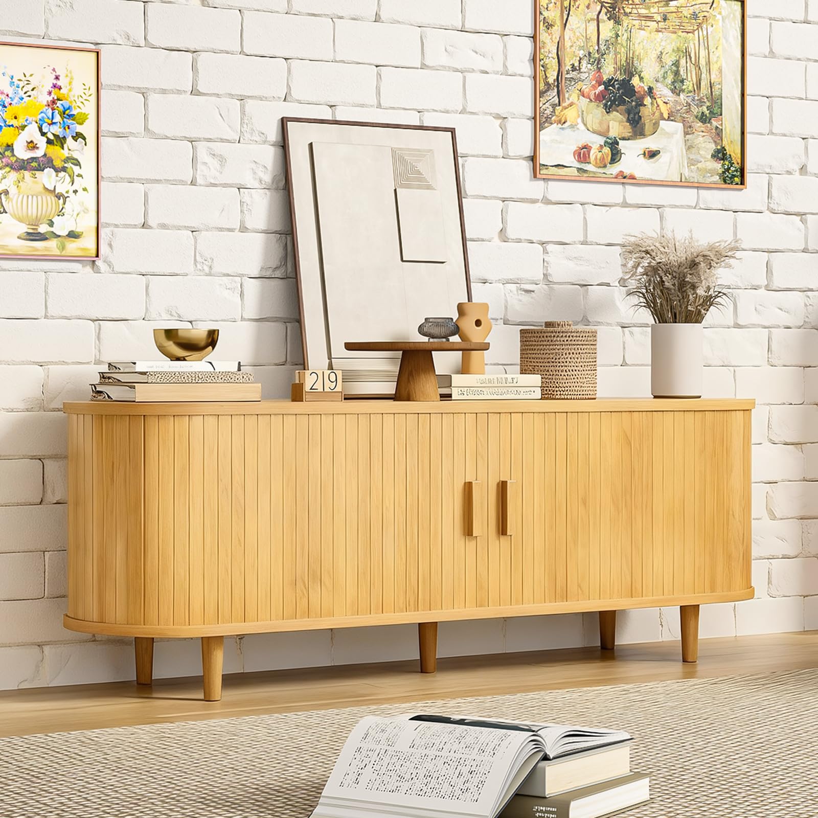 OneBlis 70" Mid Century Modern TV Stand, Wood TV Consoles with Sliding Doors and Power Outlet, Entertainment Center with Adjustable Shelves, Fluted TV Stands for Living Room, Walnut Gronata