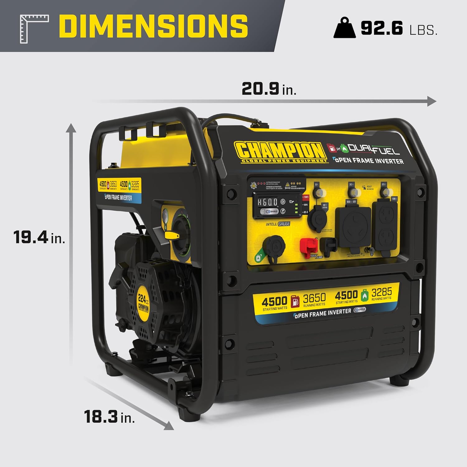 Champion Power Equipment 4,500-Watt Electric Start Dual Fuel RV Ready Portable Open Frame Inverter Generator with Quiet Technology and Free 3-Year Warranty Gronata
