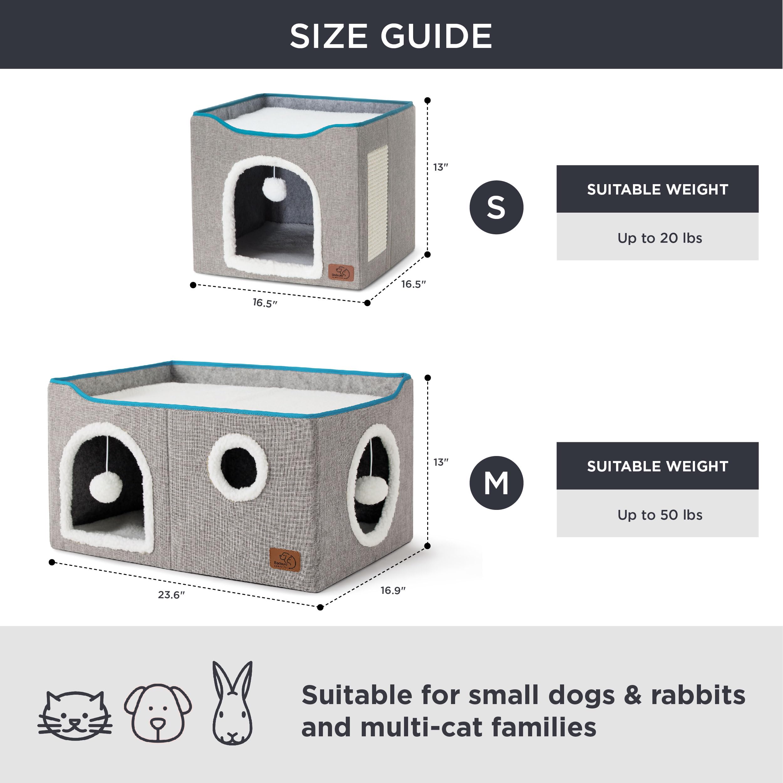 Bedsure Cat Beds for Indoor Cats - Large Cat Cave for Pet Cat House with Fluffy Ball Hanging and Scratch Pad, Foldable Cat Hideaway, 16.5x16.5x13 inches, Grey Gronata