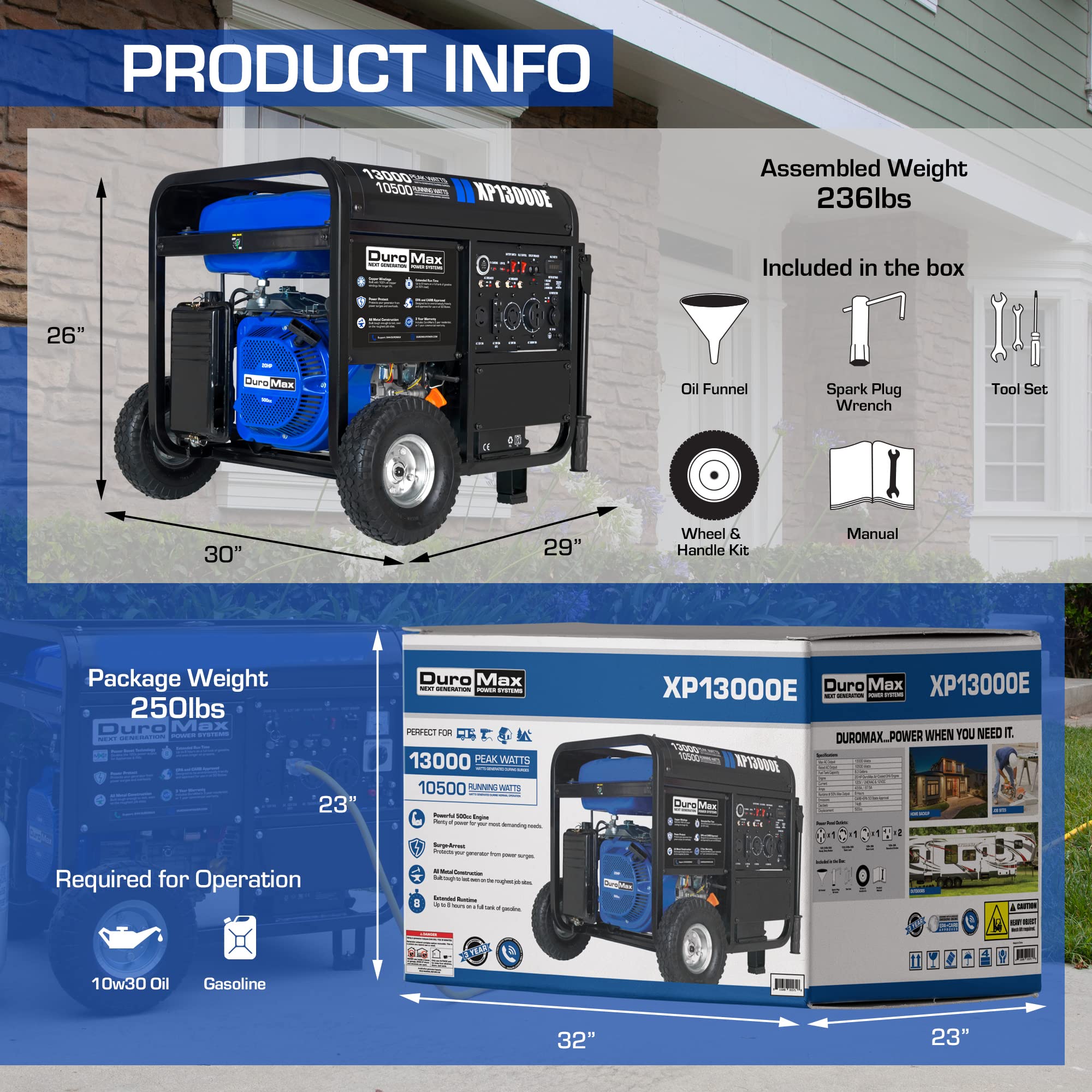 DuroMax XP13000EH 13,000-Watt Dual Fuel Portable Generator - Gas & Propane, Electric Start, Whole Home Backup Power, Transfer Switch Ready, RV & Emergency Ready Gronata