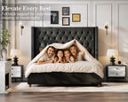 Jocisland Queen Size Bed Frame 61.4" Extra Tall Wingback Headboard Velvet Upholstered Deep Button Tufted Platform Bed with Solid Wood Legs & Wood Slats, No Box Spring Needed, Black Gronata