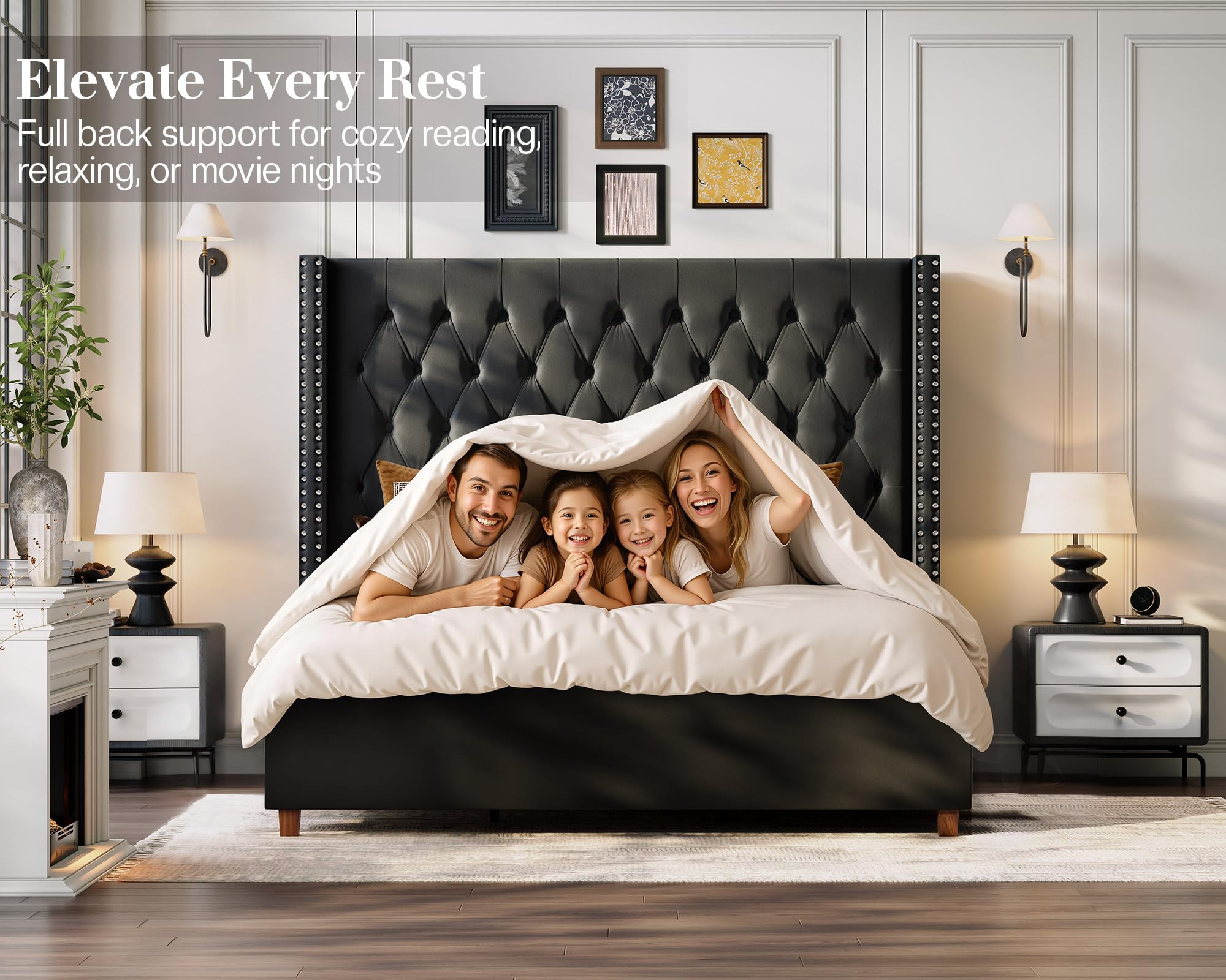 Jocisland Queen Size Bed Frame 61.4" Extra Tall Wingback Headboard Velvet Upholstered Deep Button Tufted Platform Bed with Solid Wood Legs & Wood Slats, No Box Spring Needed, Black Gronata