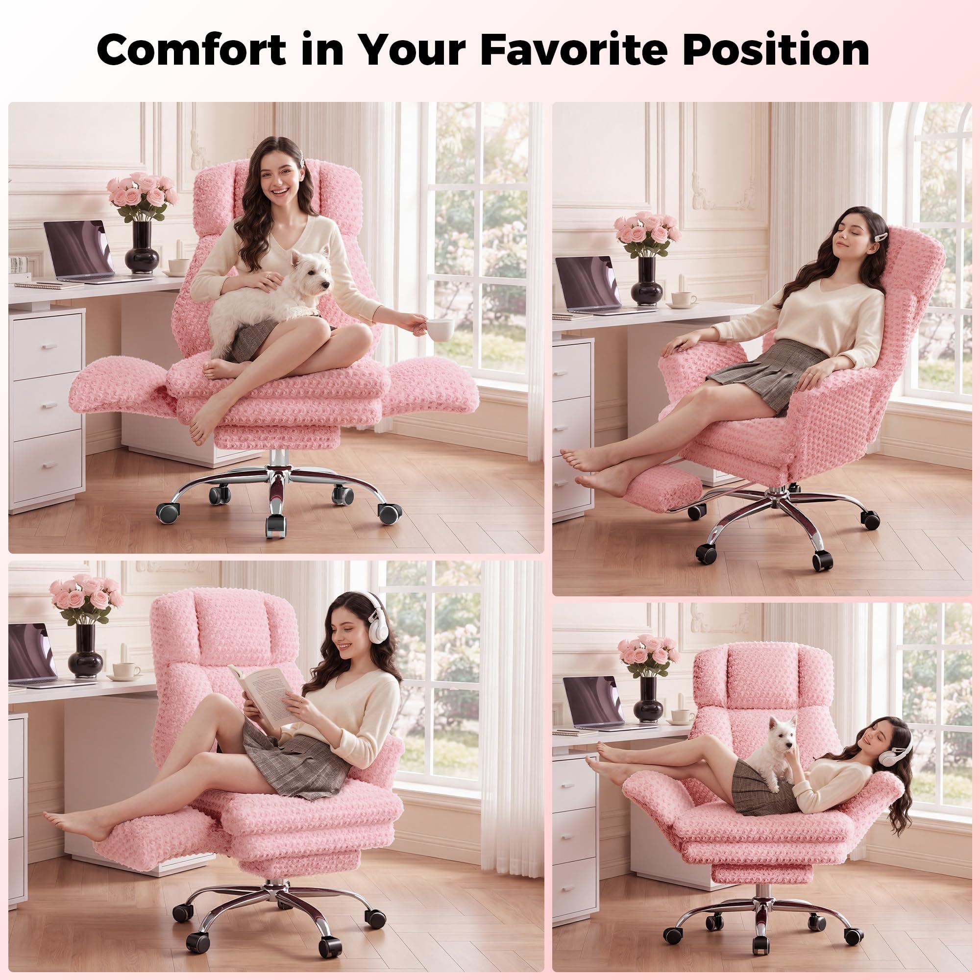 Big and Tall Office Chair, Flip Armrests for Pets & Cross Legged Sitting, Executive Ergonomic Computer Gaming Chair with Foot Rest, Teddy Fleece Wide Seat Reclining Desk Chair, White Vanity Chair Gronata