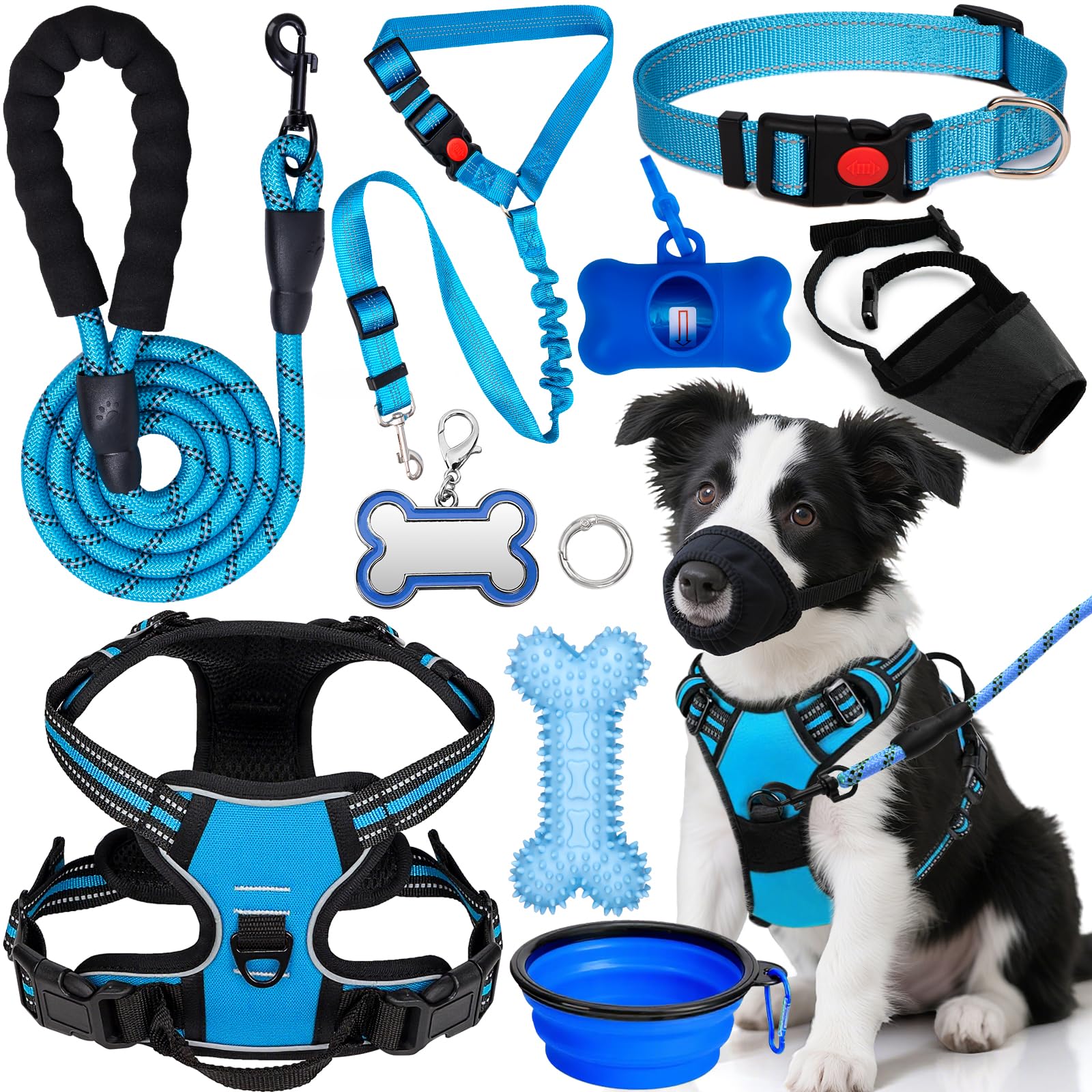 YXFDOYT No Pull Dog Harness Adjustable Collar & Leash Set - Dog Halter Harnesses Collapsible Bowls & Poop Bag Dispenser Muzzle ID Tags Toys Fits Small Medium Large Dogs (Pink-L) Gronata