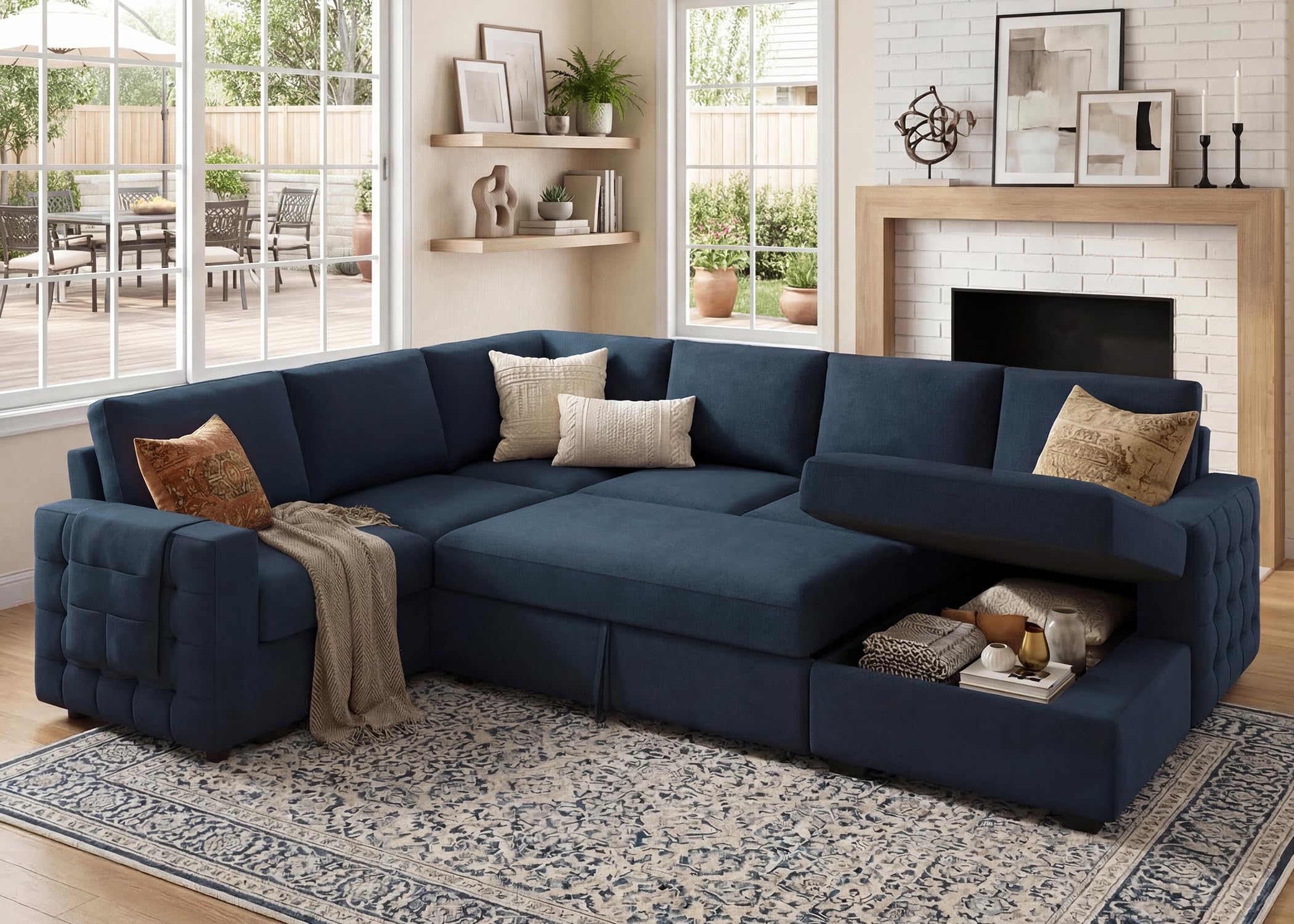 HONBAY Sectional Sleeper Sofa with Pull Out Bed U-Shape Sectional Couch Sleeper Bed with Storage Chaise 6 Seater Sleeper Sectional Sofa, Light Grey Gronata