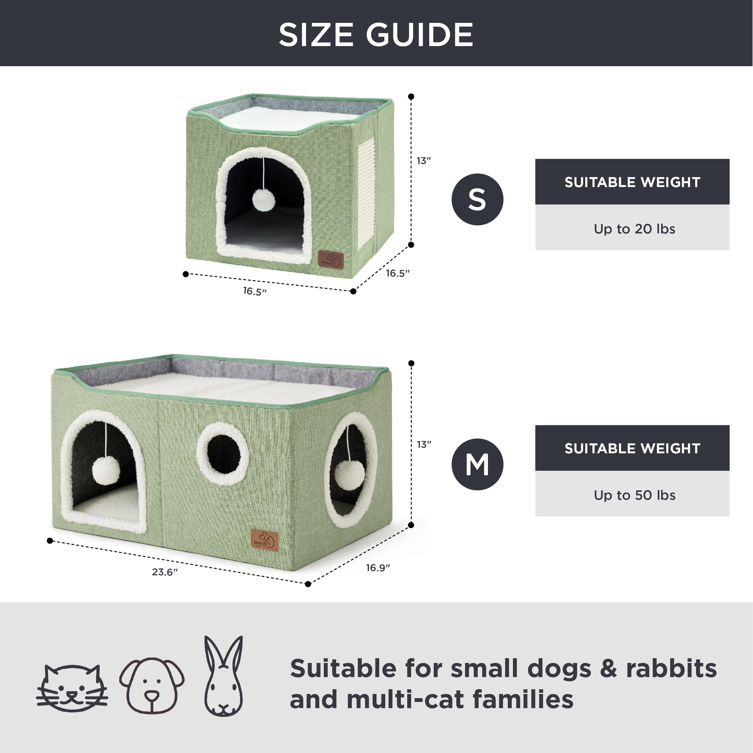 Bedsure Cat Beds for Indoor Cats - Large Cat Cave for Pet Cat House with Fluffy Ball Hanging and Scratch Pad, Foldable Cat Hideaway, 16.5x16.5x13 inches, Grey Gronata
