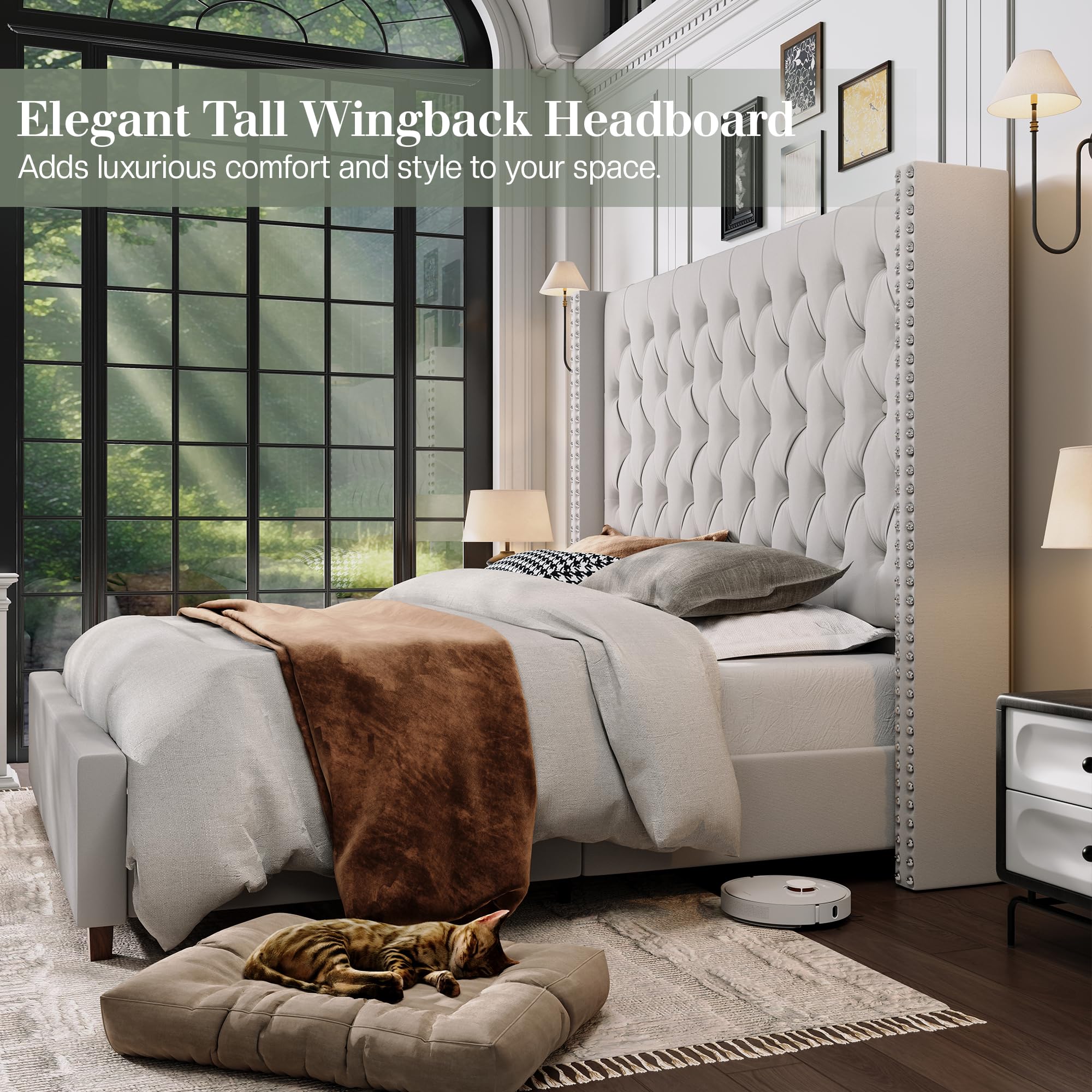 Jocisland Queen Size Bed Frame 61.4" Extra Tall Wingback Headboard Velvet Upholstered Deep Button Tufted Platform Bed with Solid Wood Legs & Wood Slats, No Box Spring Needed, Black Gronata