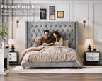 Jocisland Queen Size Bed Frame 61.4" Extra Tall Wingback Headboard Velvet Upholstered Deep Button Tufted Platform Bed with Solid Wood Legs & Wood Slats, No Box Spring Needed, Black Gronata