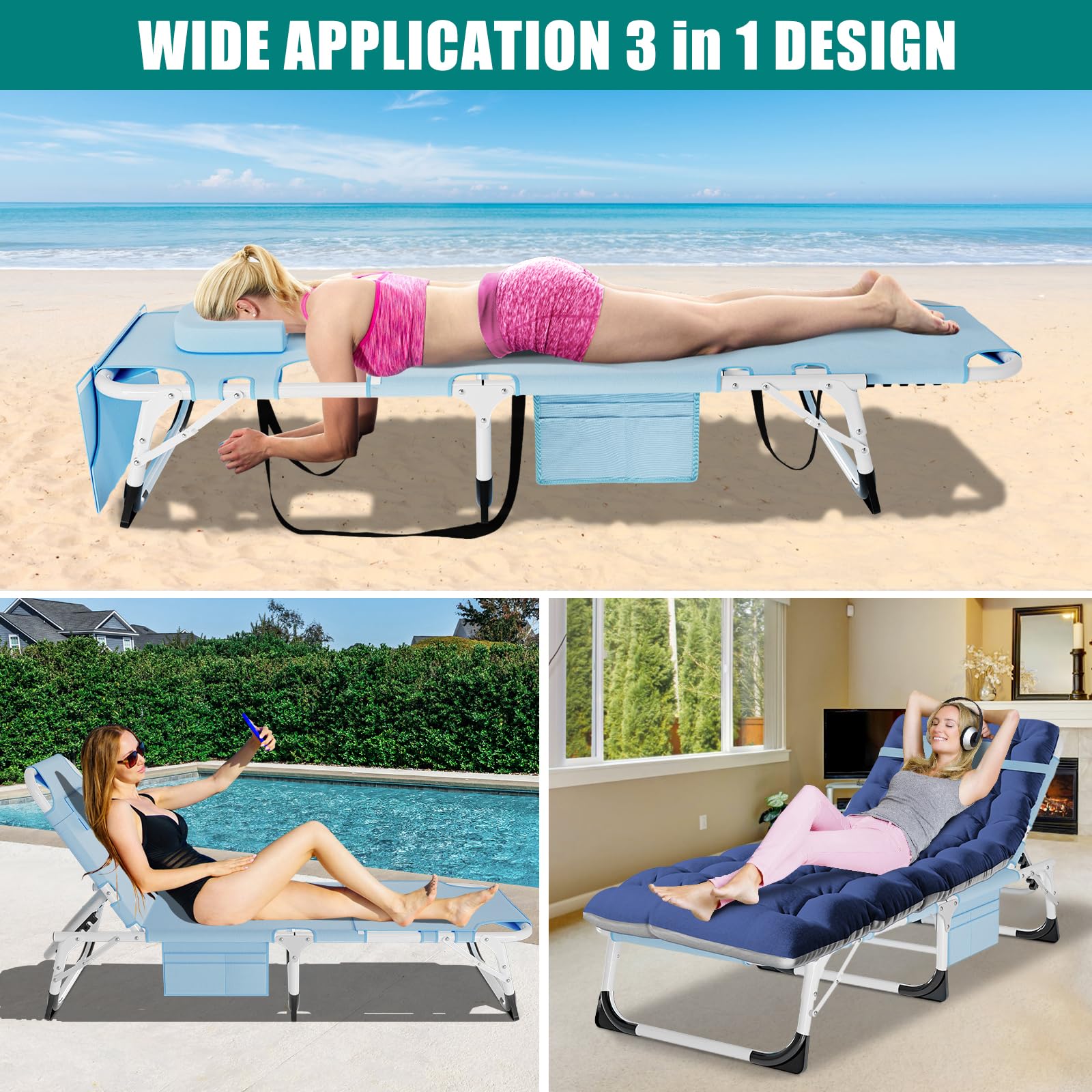 DoCred Heavy Duty Chaise Lounge Chair, Adjustable 5-Position Folding Chaise Lounge Chairs for Outside, Portable Lay Flat Beach Lounge Chair for Outdoor Sunbathing Beach Pool Lawn Camping Gronata