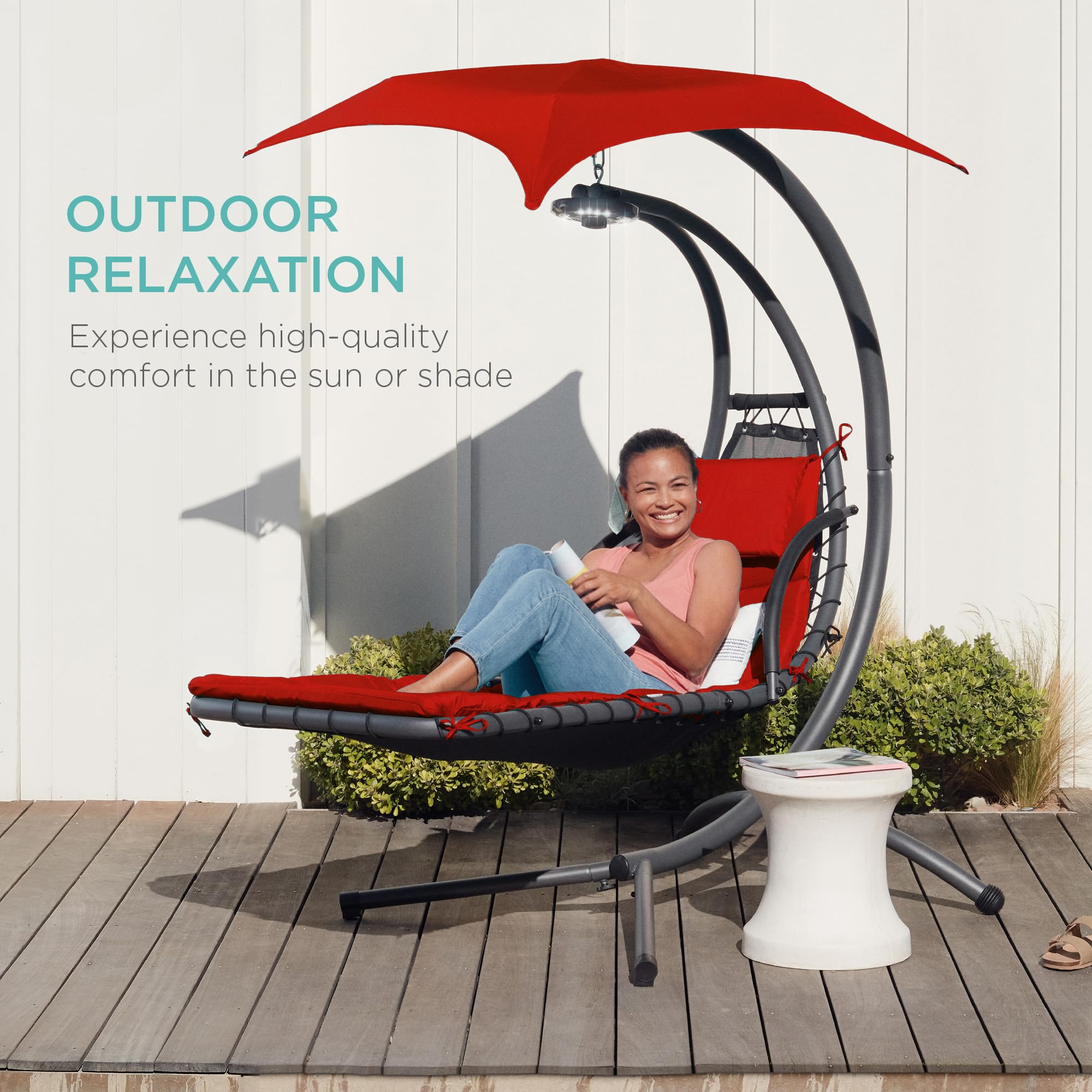 Best Choice Products Outdoor Hanging Curved Steel Chaise Lounge Chair Swing w/Built-in Pillow and Removable Canopy - Navy Blue Gronata