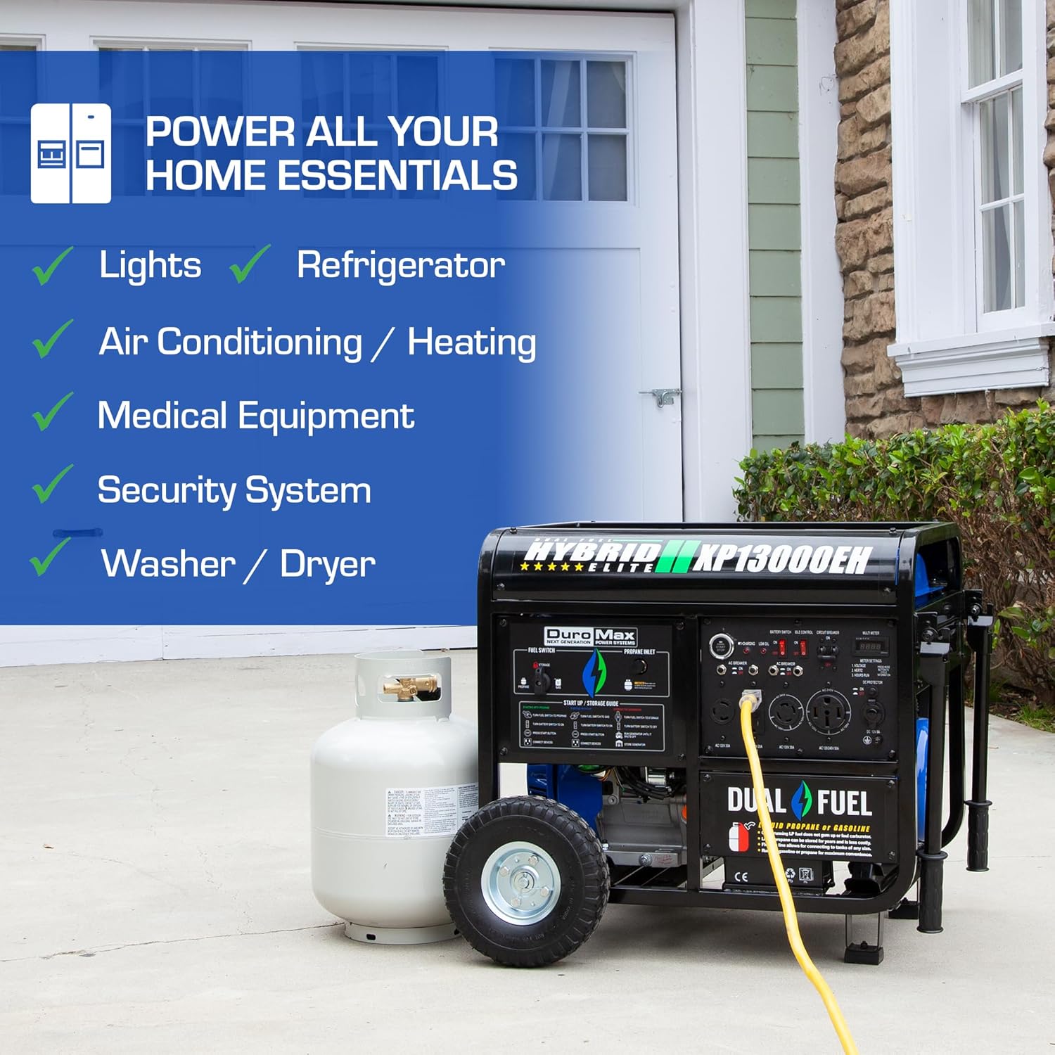 DuroMax XP13000EH 13,000-Watt Dual Fuel Portable Generator - Gas & Propane, Electric Start, Whole Home Backup Power, Transfer Switch Ready, RV & Emergency Ready Gronata