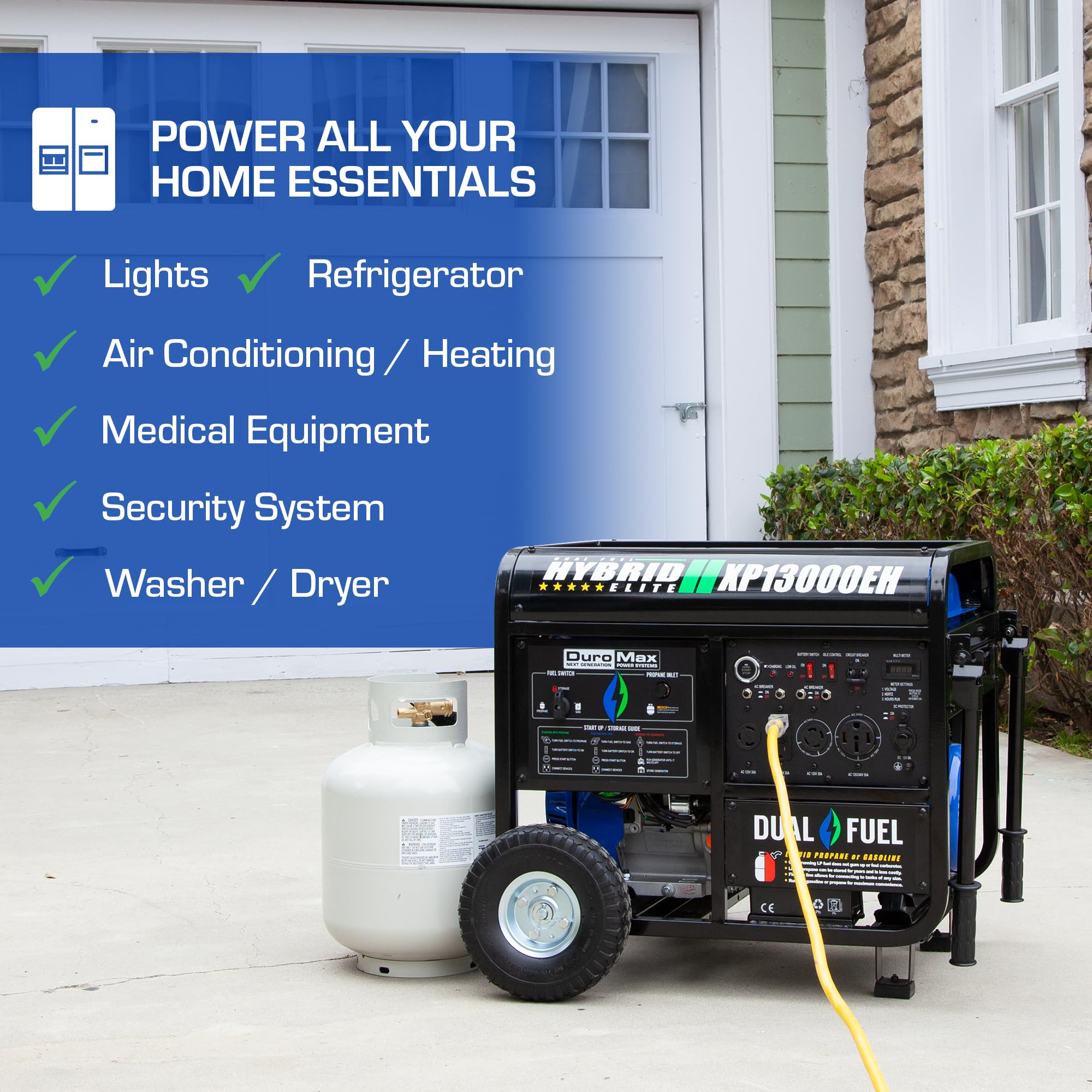 DuroMax XP13000EH 13,000-Watt Dual Fuel Portable Generator - Gas & Propane, Electric Start, Whole Home Backup Power, Transfer Switch Ready, RV & Emergency Ready Gronata