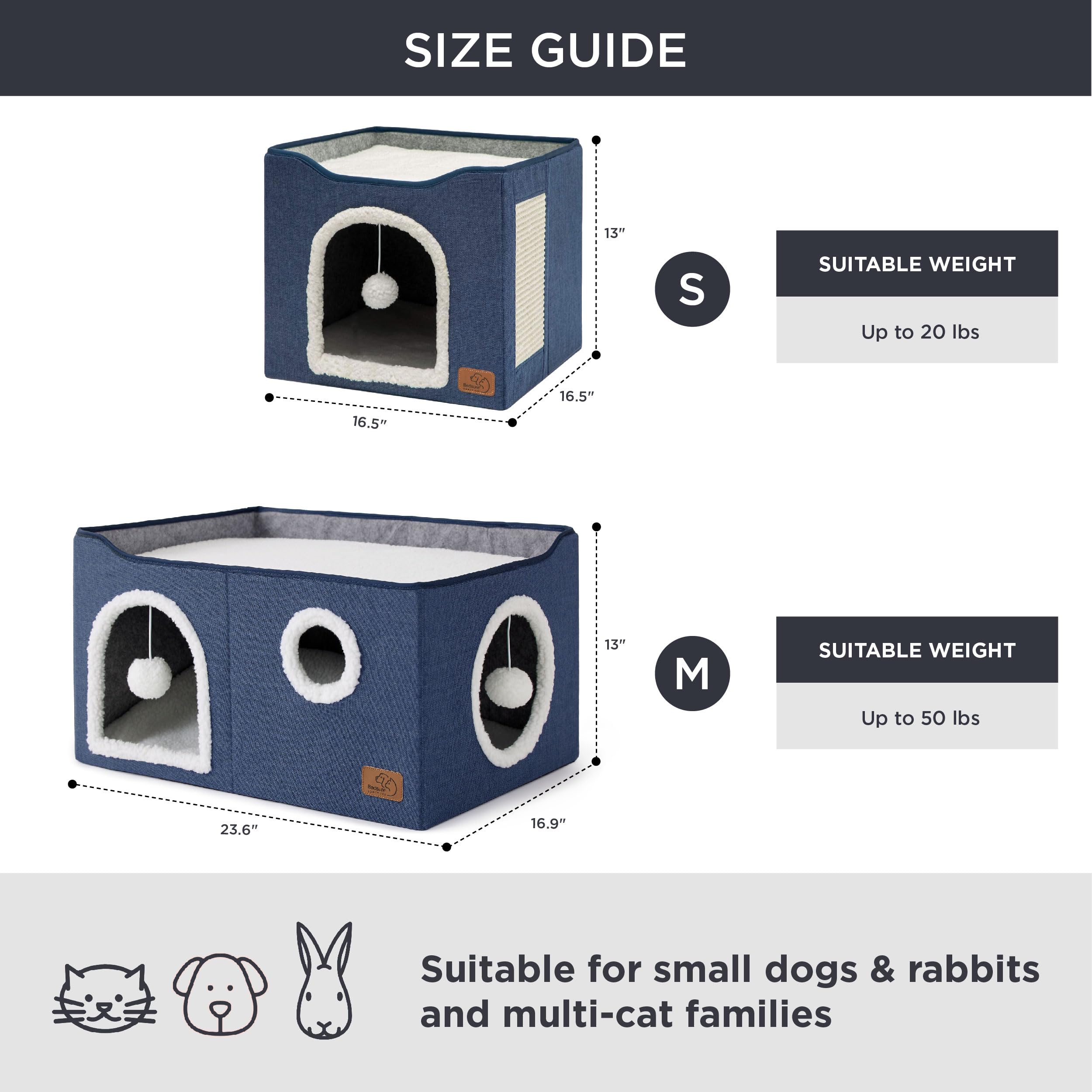 Bedsure Cat Beds for Indoor Cats - Large Cat Cave for Pet Cat House with Fluffy Ball Hanging and Scratch Pad, Foldable Cat Hideaway, 16.5x16.5x13 inches, Grey Gronata