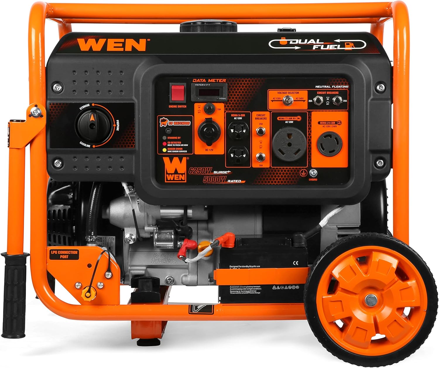 WEN DF623X 6250-Watt 120-Volt/240-Volt Dual Fuel Electric Start Portable Generator with Wheel Kit and CO Shutdown Sensor, Black Gronata