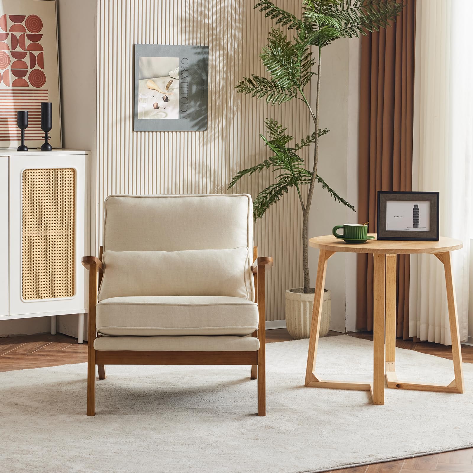 Karl home Accent Chair Wide Armrest Mid-Century Lounge Chair Linen Fabric Armchair with Lumbar Pillow & Solid Wood Frame for Living Room, Bedroom, Balcony, Green Gronata