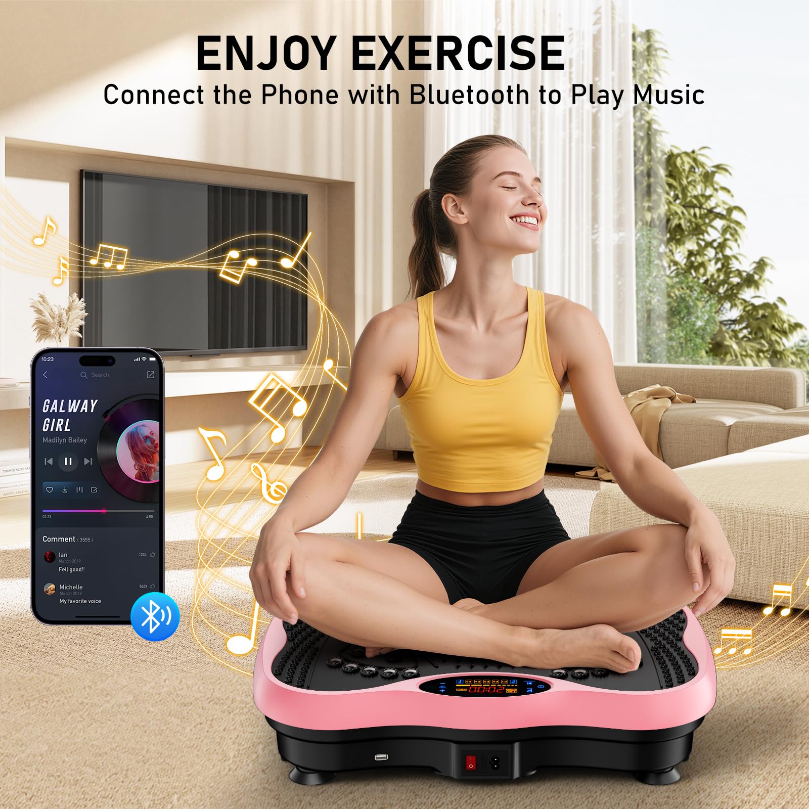 GLYLF Vibration Plate Exercise Machine, 130 Levels Full Body Workout Vibrating Plate for Lymphatic Drainage Weight Loss, 450 Lbs Capacity Shake Platform with Resistance Bands Bluetooth for Women Men Gronata