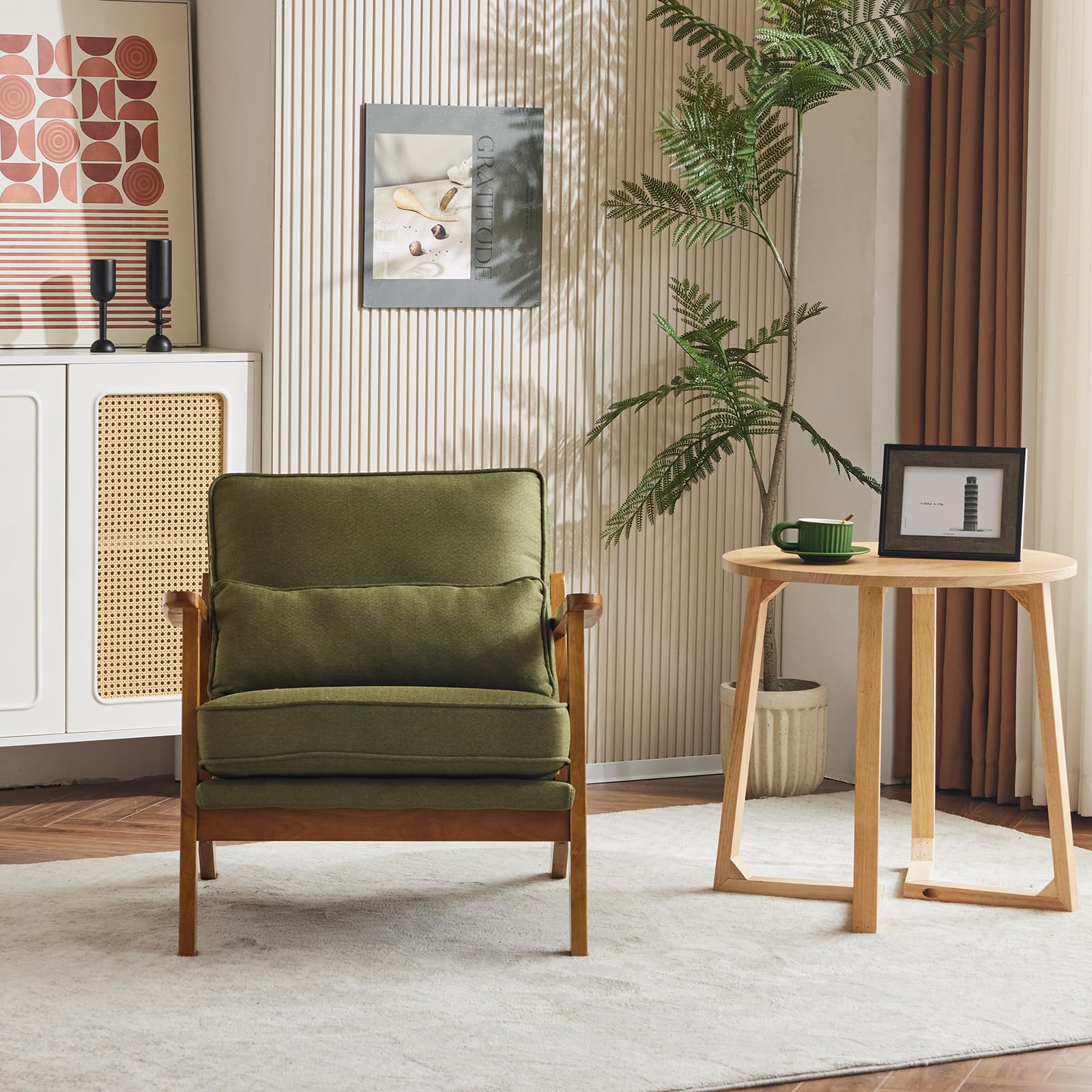 Karl home Accent Chair Wide Armrest Mid-Century Lounge Chair Linen Fabric Armchair with Lumbar Pillow & Solid Wood Frame for Living Room, Bedroom, Balcony, Green Gronata