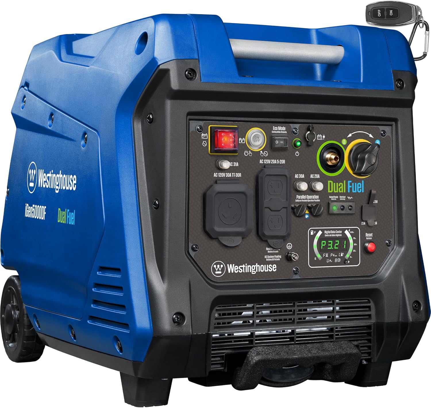 Westinghouse 5000 Peak Watt Super Quiet Dual Fuel Portable Inverter Generator, Remote Electric Start, Gas & Propane Powered, RV Ready 30A Outlet, Parallel Capable, Blue/Black Gronata