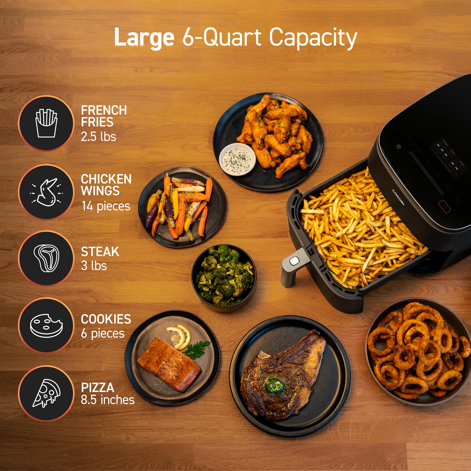 Cosori 9-in-1 TurboBlaze Air Fryer 6 Qt, PFAS-Free Ceramic Coating, 90°–450°F, Precise Heating for Even Results, Air Fry, Roast, Bake, Broil, Dry, Frozen, Proof, Reheat, Keep Warm, 120V, Dark Gray Gronata