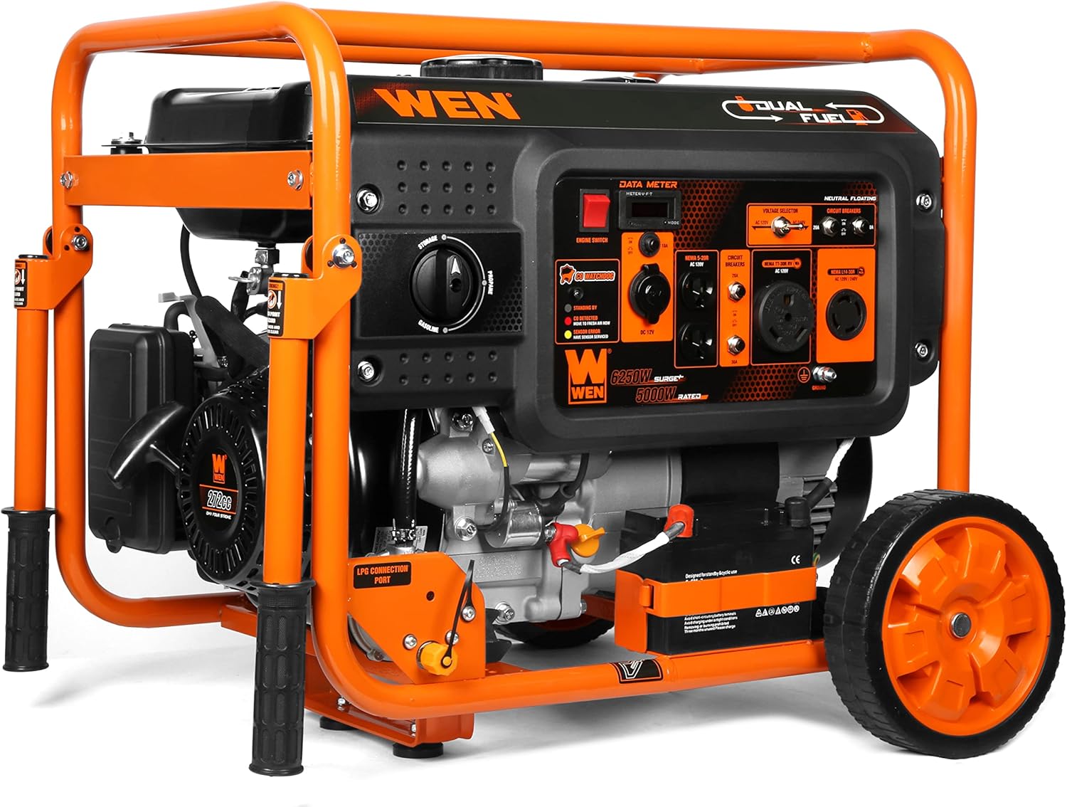 WEN DF623X 6250-Watt 120-Volt/240-Volt Dual Fuel Electric Start Portable Generator with Wheel Kit and CO Shutdown Sensor, Black Gronata