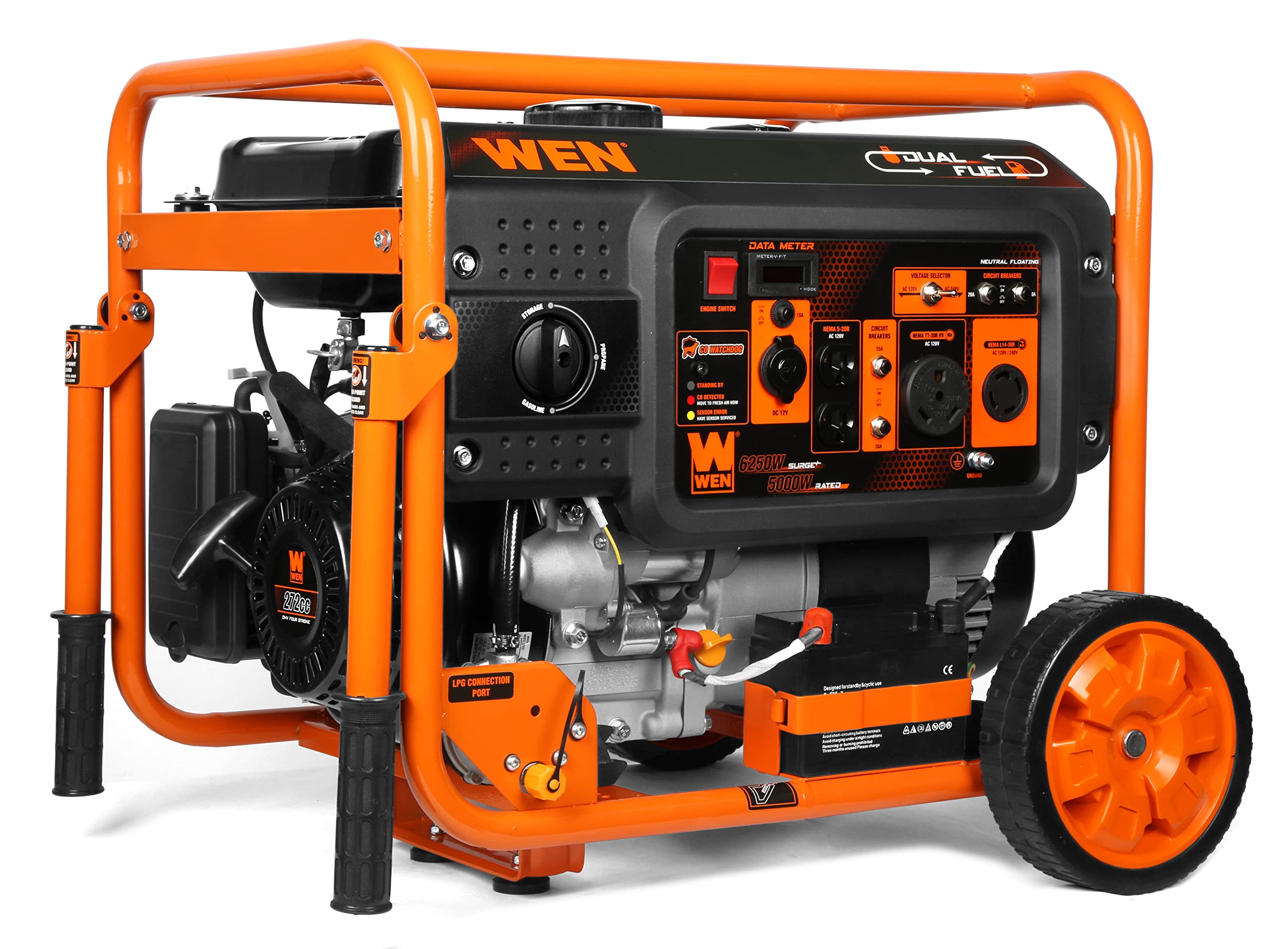 WEN DF623X 6250-Watt 120-Volt/240-Volt Dual Fuel Electric Start Portable Generator with Wheel Kit and CO Shutdown Sensor, Black Gronata