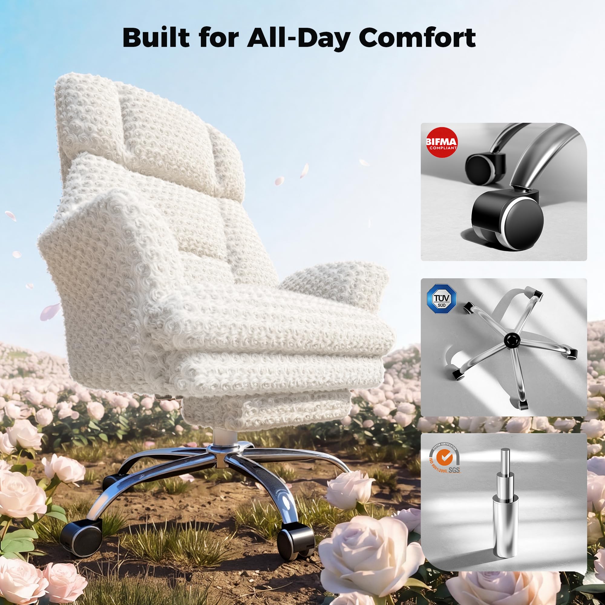 Big and Tall Office Chair, Flip Armrests for Pets & Cross Legged Sitting, Executive Ergonomic Computer Gaming Chair with Foot Rest, Teddy Fleece Wide Seat Reclining Desk Chair, White Vanity Chair Gronata