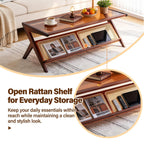 Tiita Rattan Coffee Table, Bamboo Accent Bedside Tables, Glass Nightstand Side Table, Boho Wooden End Table with Storage for Living Room,Living Room, Dining Room, Tea, Home Décor Gronata