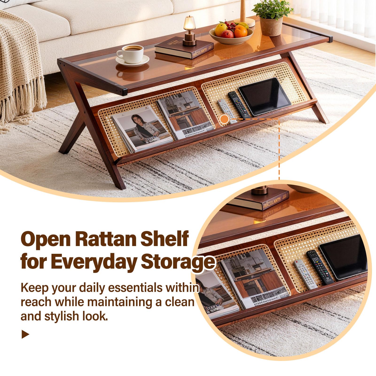 Tiita Rattan Coffee Table, Bamboo Accent Bedside Tables, Glass Nightstand Side Table, Boho Wooden End Table with Storage for Living Room,Living Room, Dining Room, Tea, Home Décor Gronata